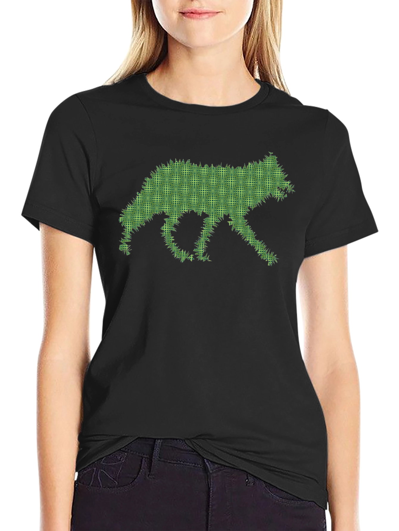 Black Green Wolf Silhouette Black Tee view 2
