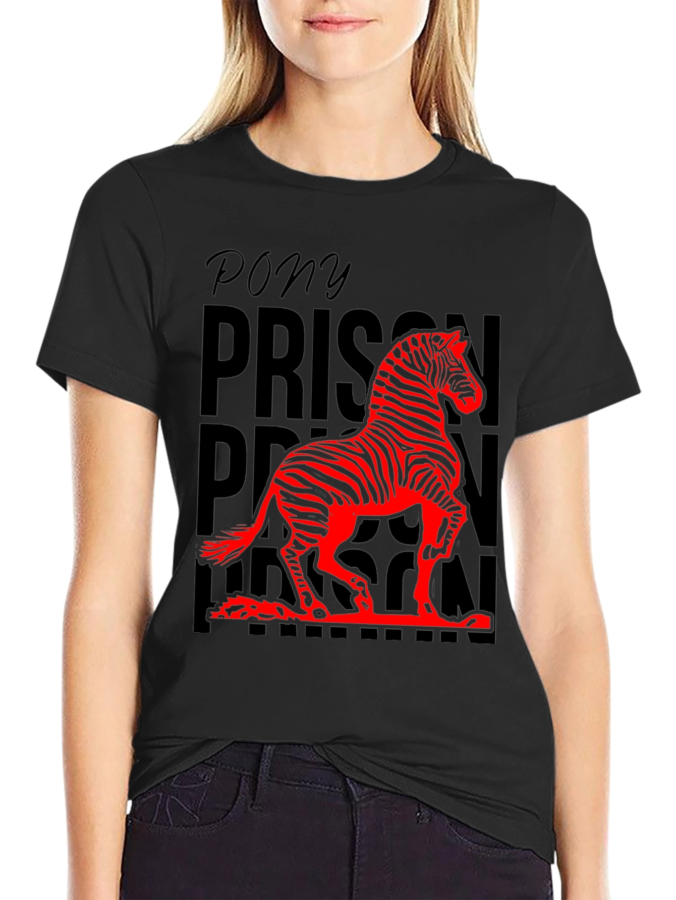 Black Pony Prison Zebra Graphic Tee - Unique Animal Design T-Shirt view 2