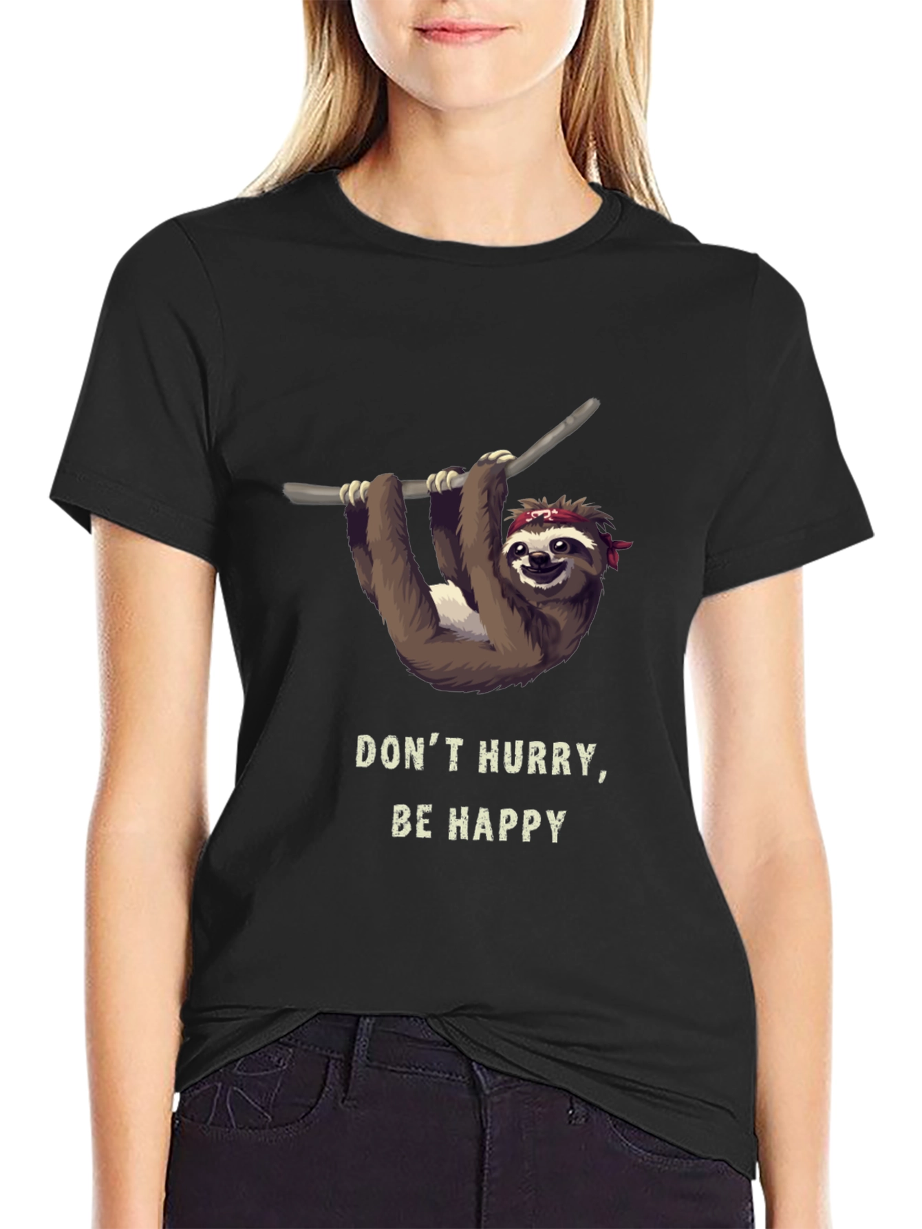 Black Don't Hurry, Be Happy Sloth T-Shirt view 2