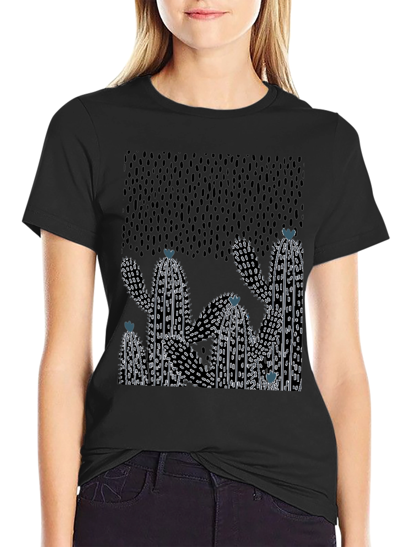Black Cactus Graphic Print Crew Neck T-Shirt view 2
