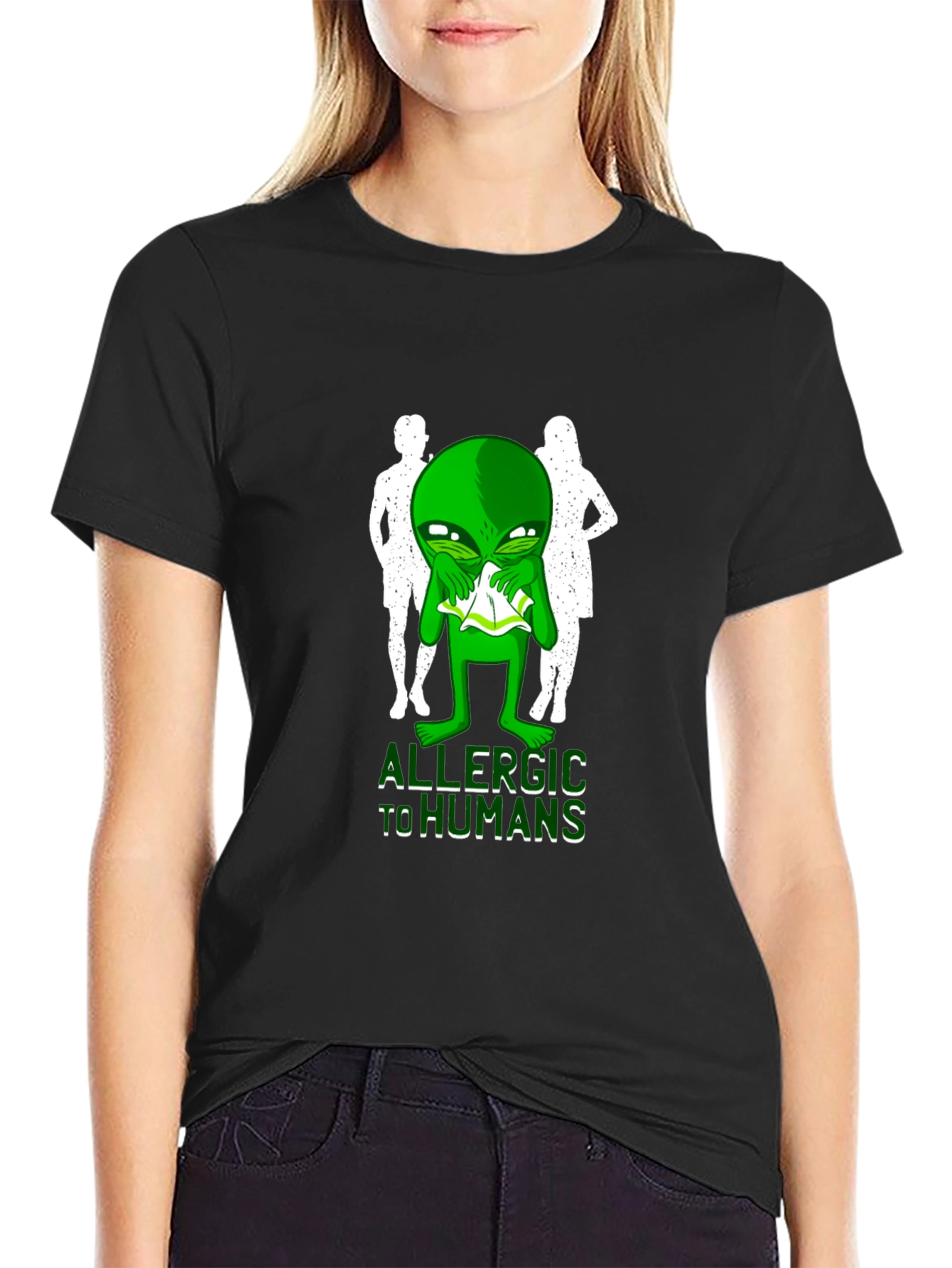 Black Allergic to Humans Alien Graphic Tee view 2
