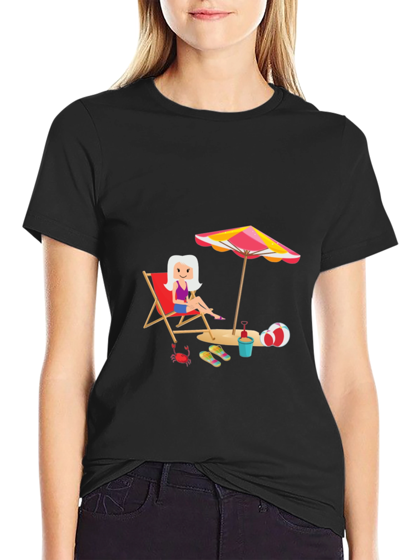 Black Fun Beach Cartoon Graphic Black T-Shirt view 2