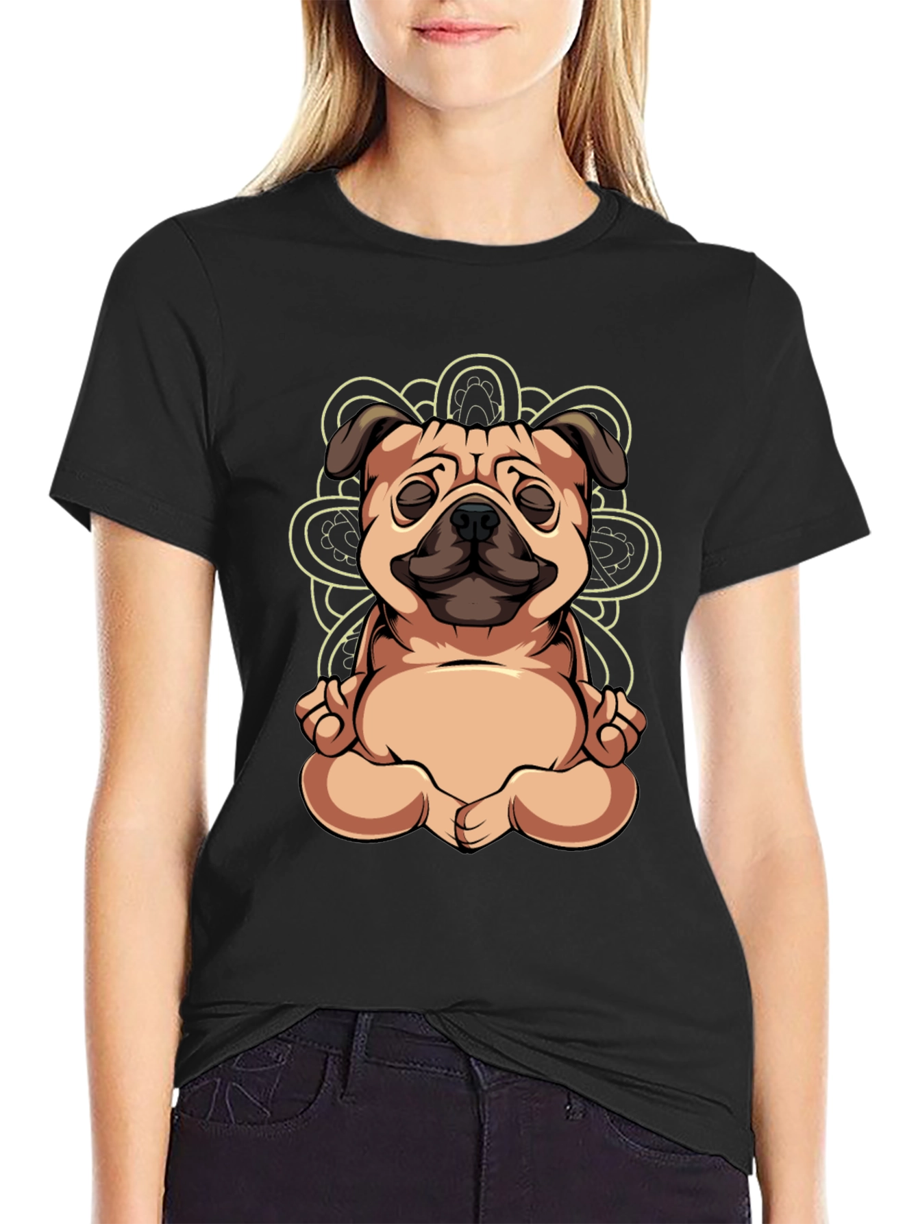 Black Yoga Pug Black T-Shirt - Meditating Dog Tee view 2
