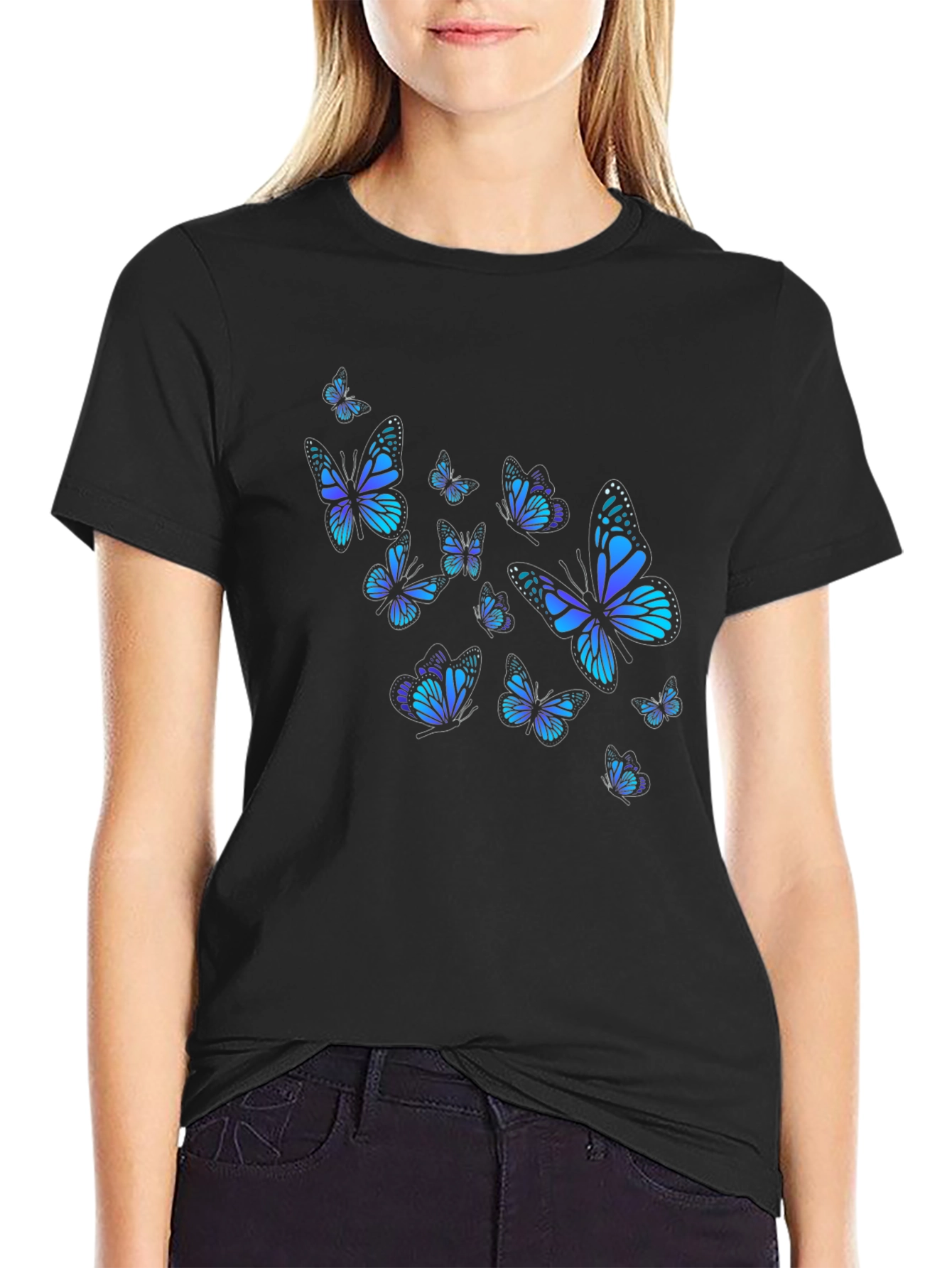 Black Butterfly Print Black T-Shirt view 2
