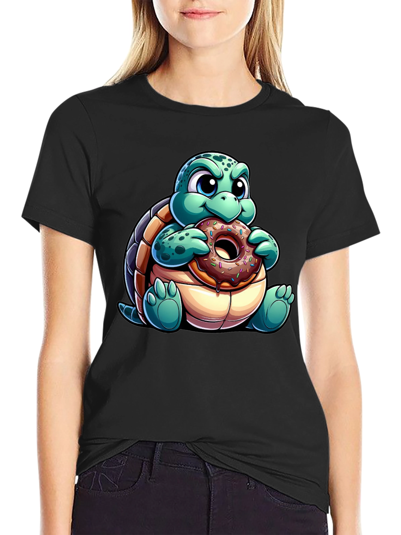 Black Turtle Eating Donut Graphic Tee - Fun Cartoon Shirt view 2