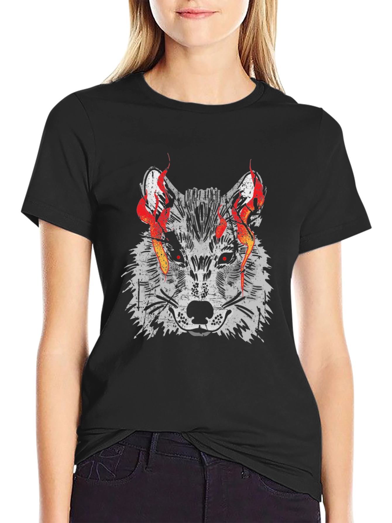 Black Fiery Wolf Graphic Tee - Men's Black T-Shirt view 2