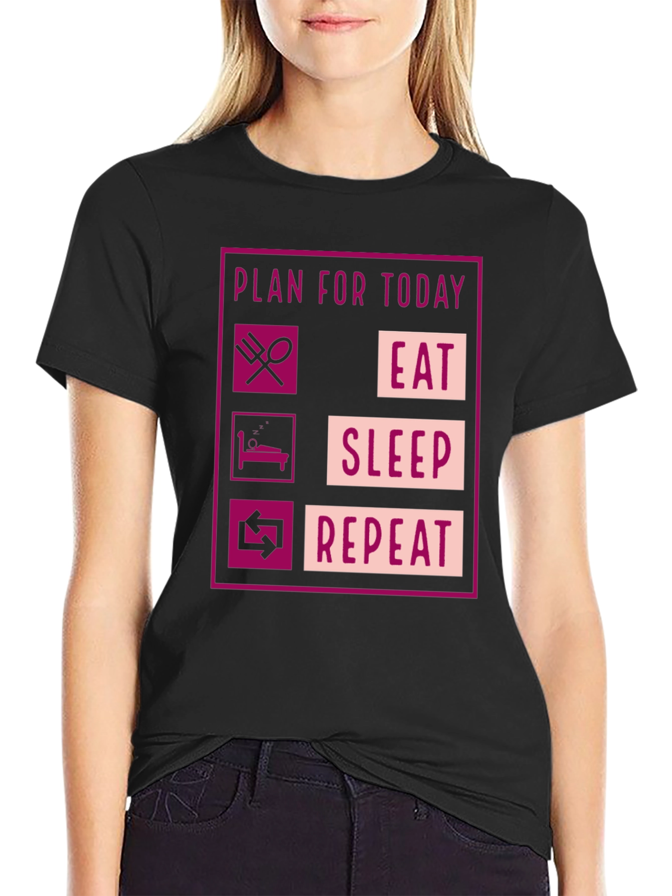 Black Eat Sleep Repeat Graphic Tee - Funny Daily Plan Shirt view 2