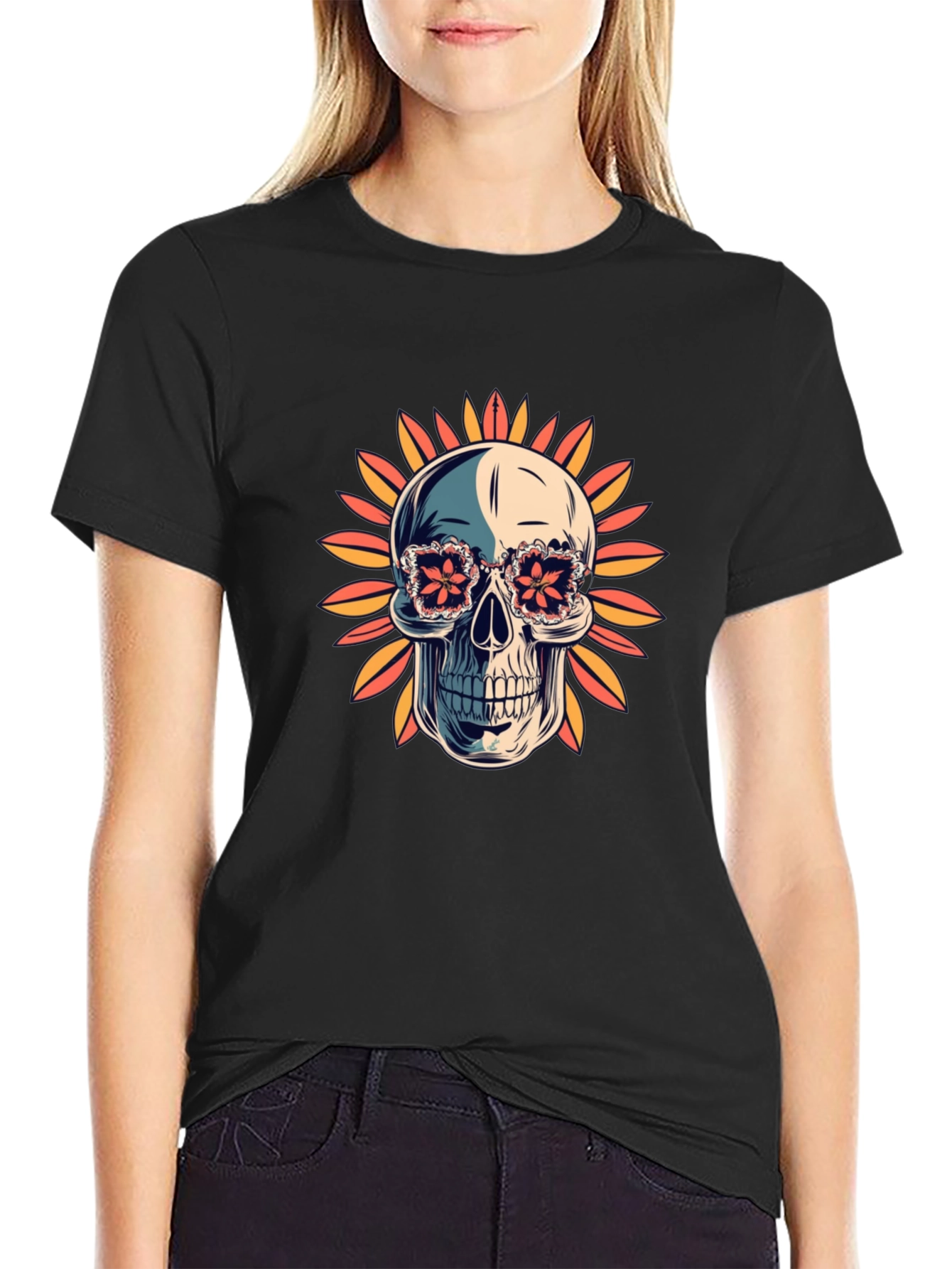 Black Skull in Floral Glasses T-Shirt view 2