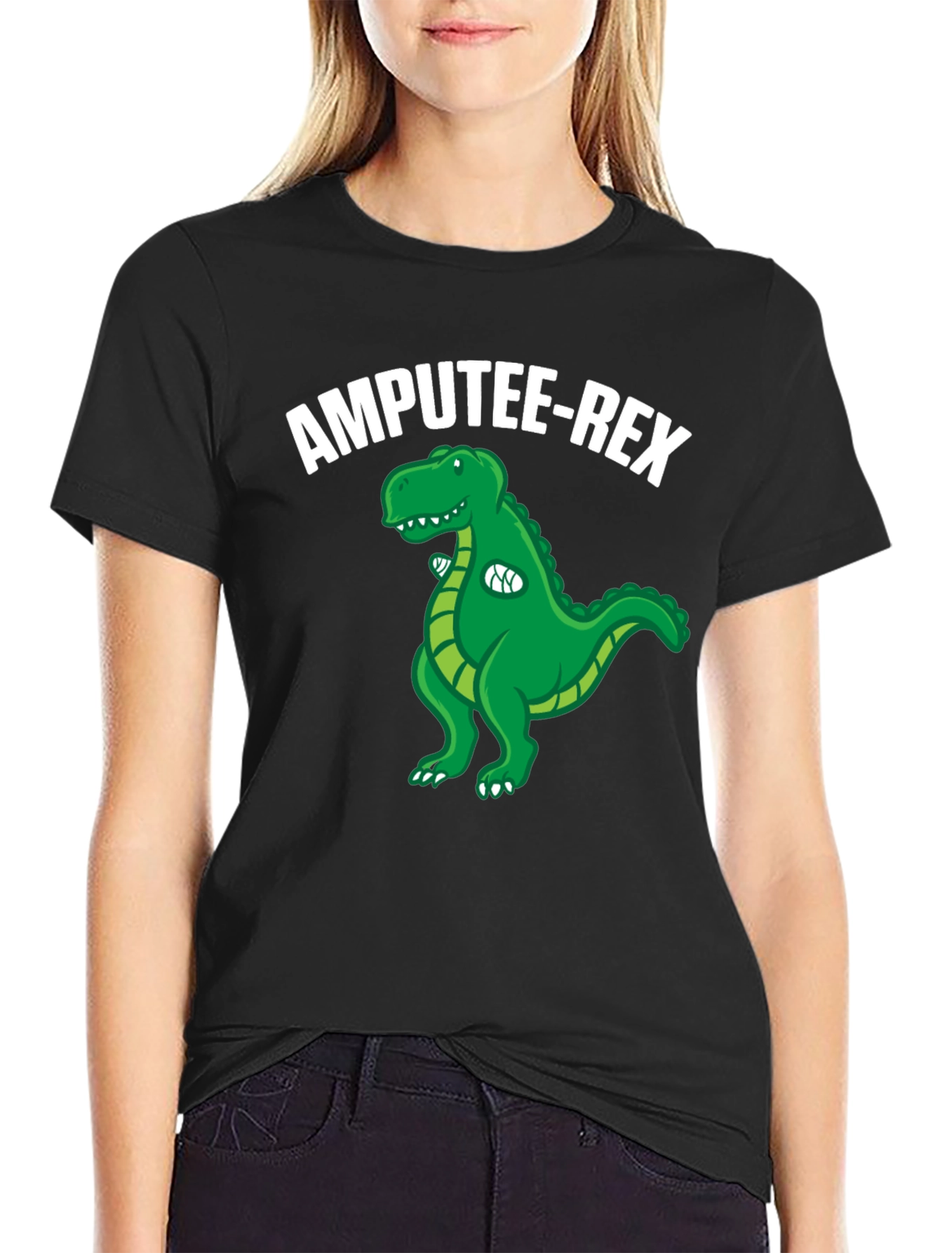 Black Amputee-Rex T-Shirt: Funny Dinosaur Graphic Tee view 2