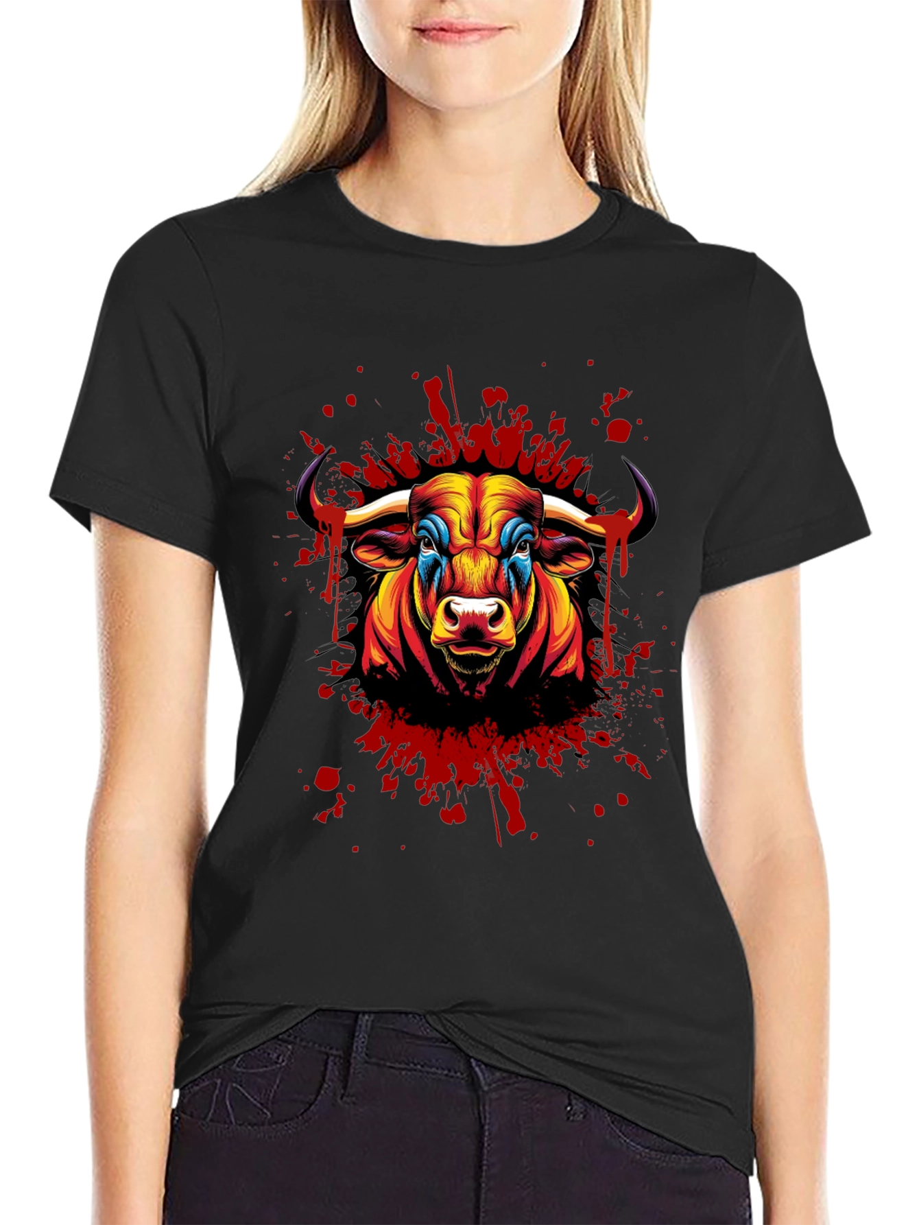 Black Vivid Bull Graphic Print Black T-Shirt view 2
