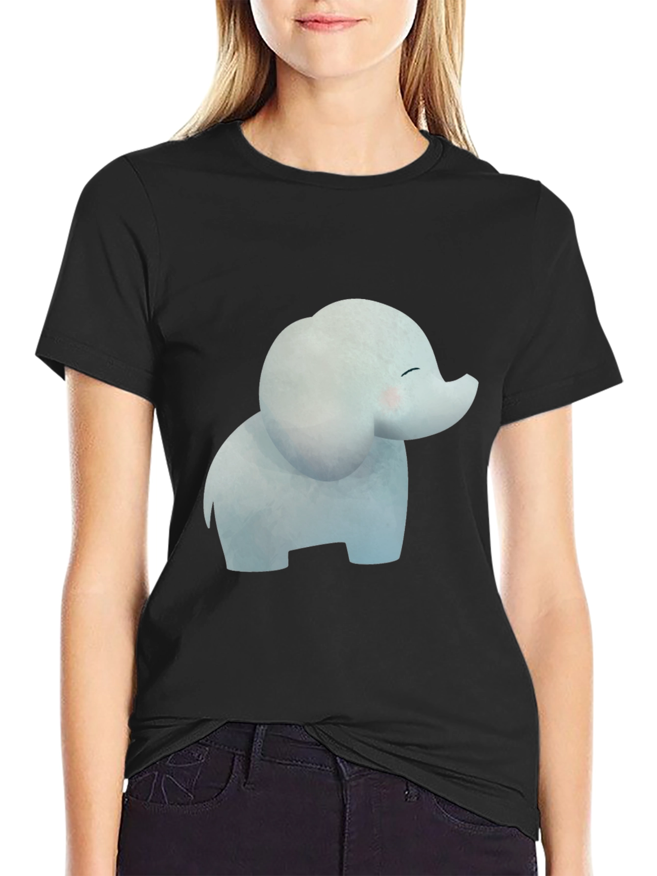 Black Cute Cartoon Elephant Black T-Shirt view 2