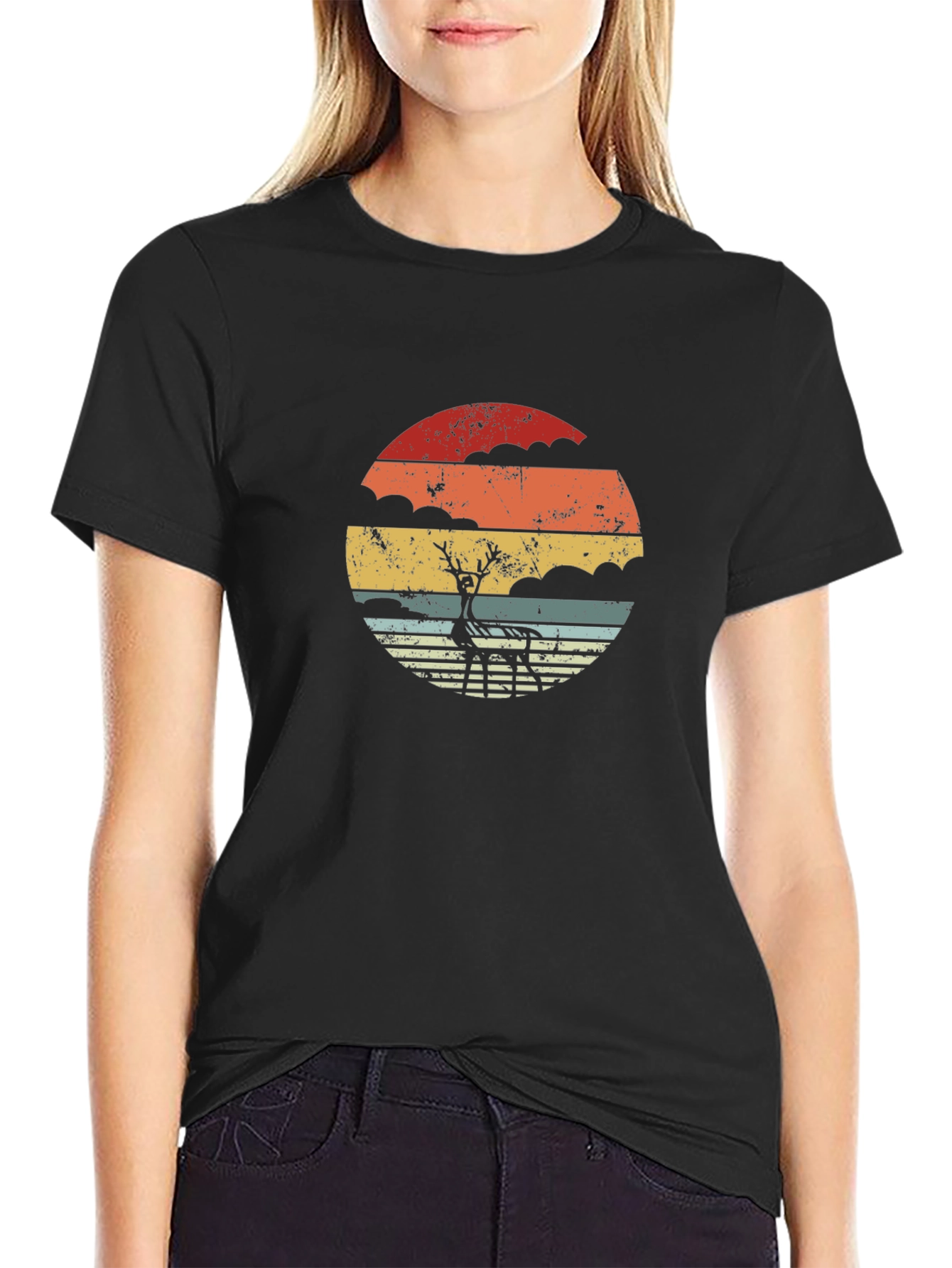 Black Retro Deer Sunset Graphic T-Shirt - Cool Vintage Style view 2