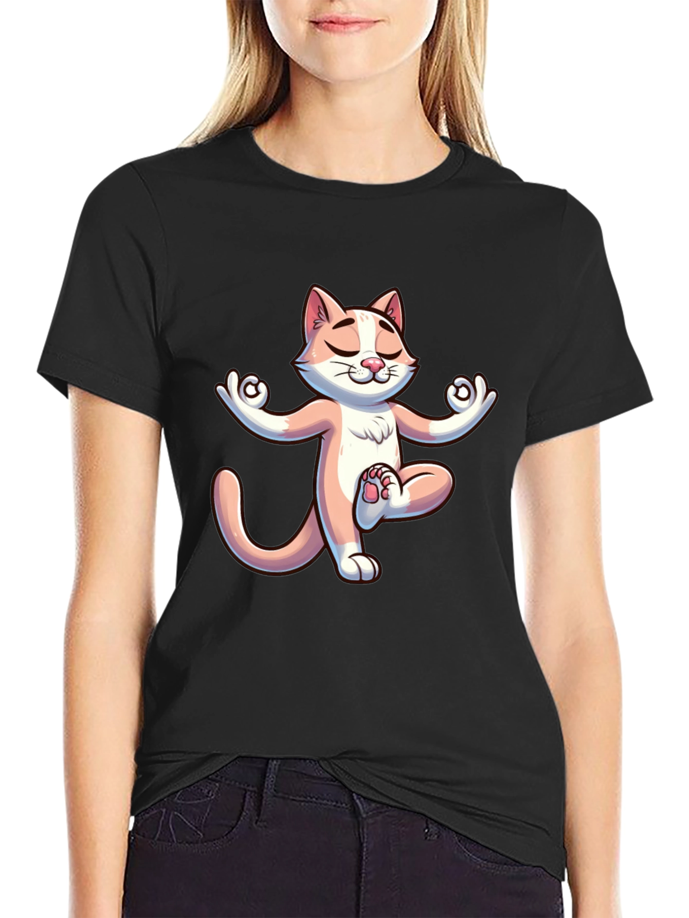 Black Zen Cat T-Shirt - Meditating Feline Design view 2
