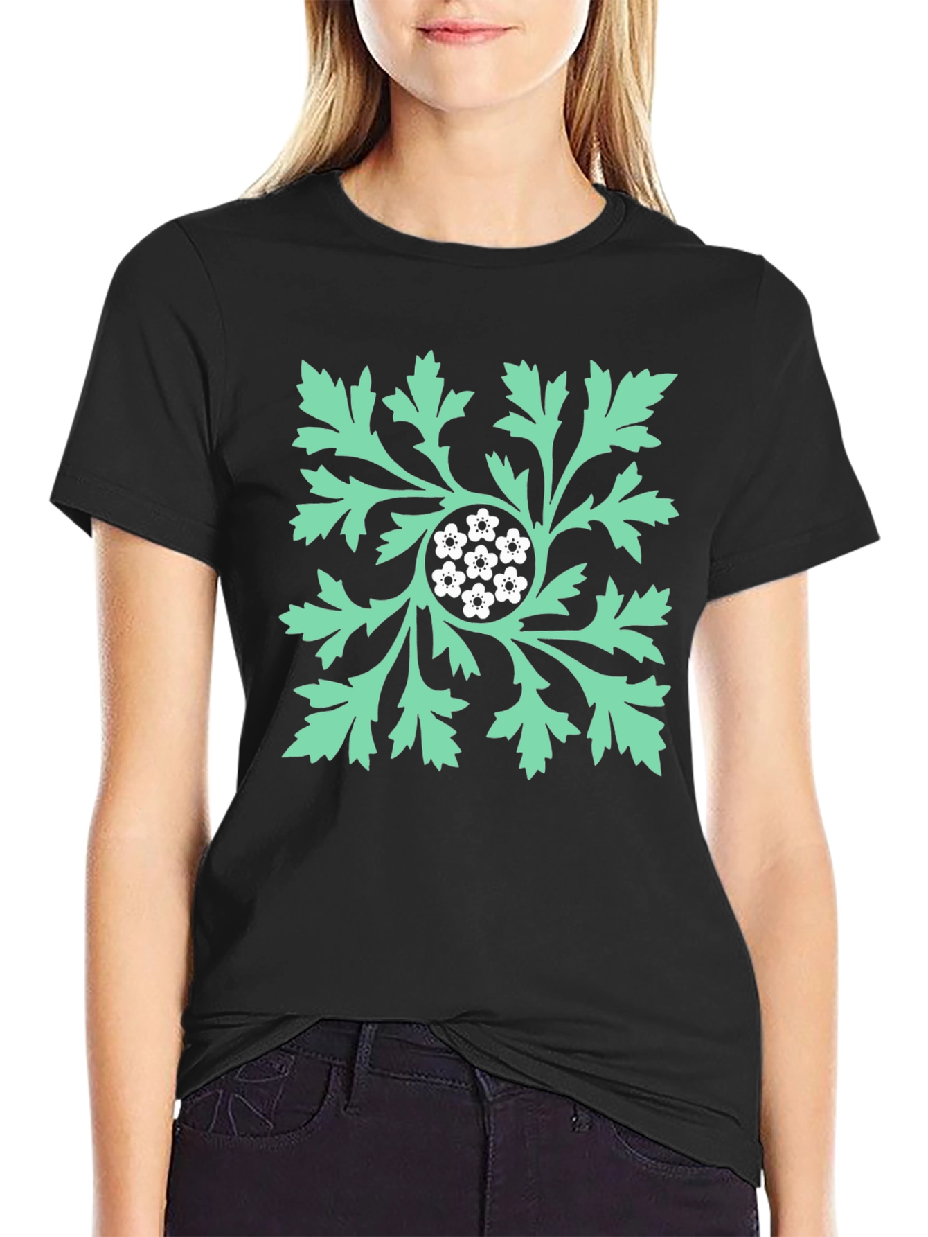 Black Floral Leaf Graphic Print Black T-Shirt view 2
