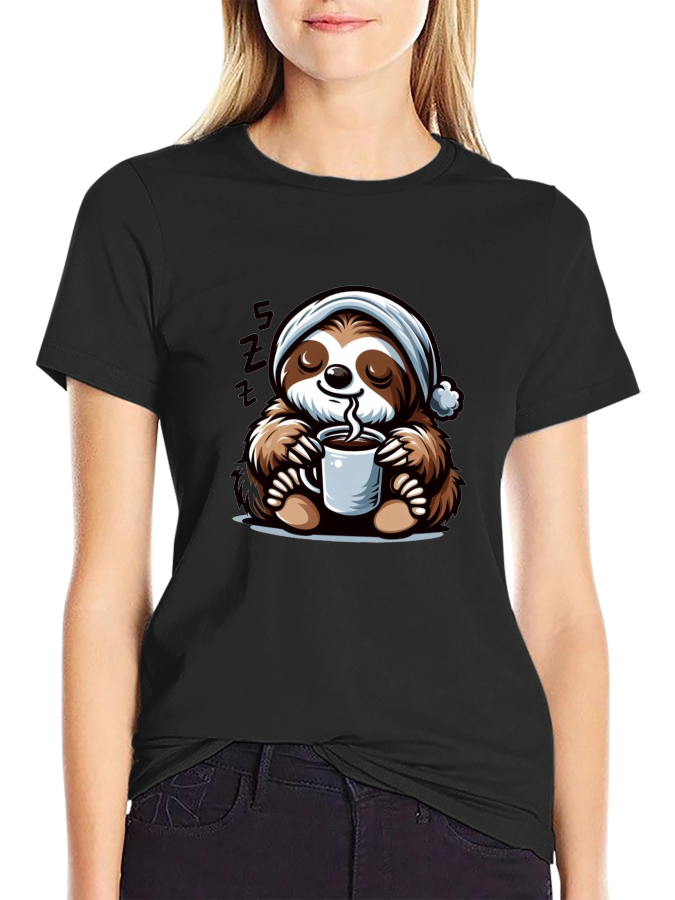 Black Cute Sloth Coffee T-Shirt view 2