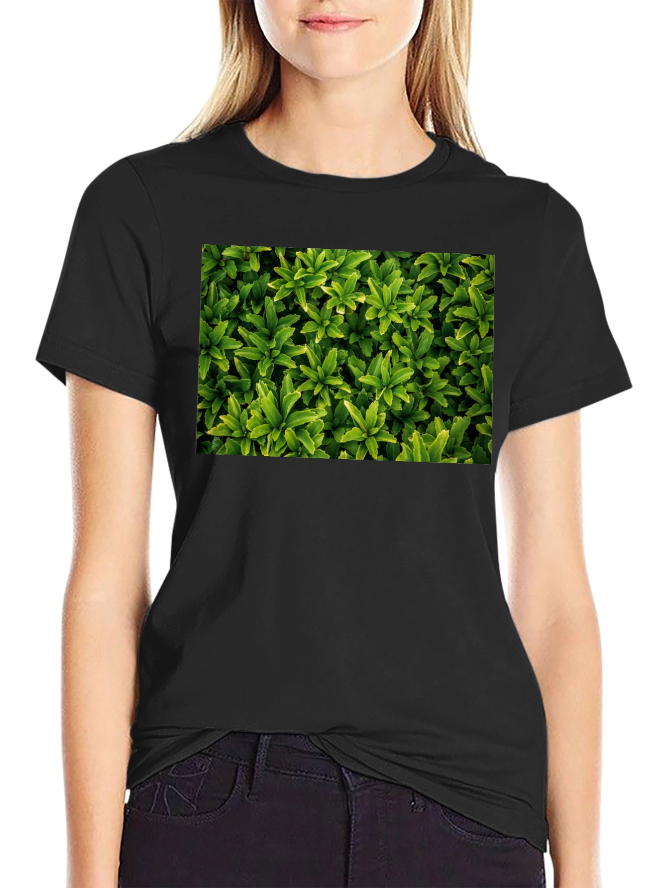 Black Leaf Print Black T-Shirt view 2
