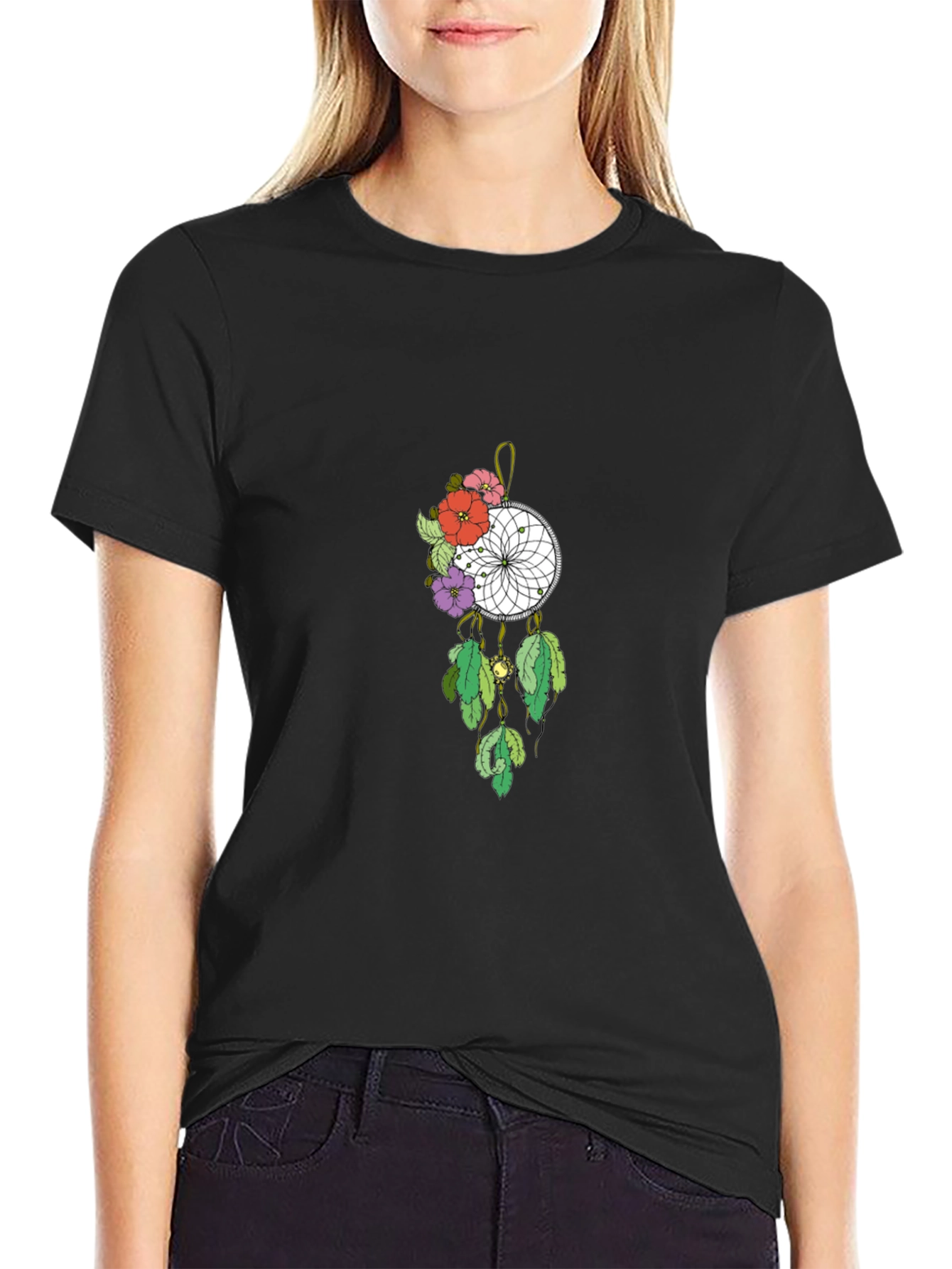 Black Dreamcatcher Floral T-Shirt - Black Cotton Tee view 2