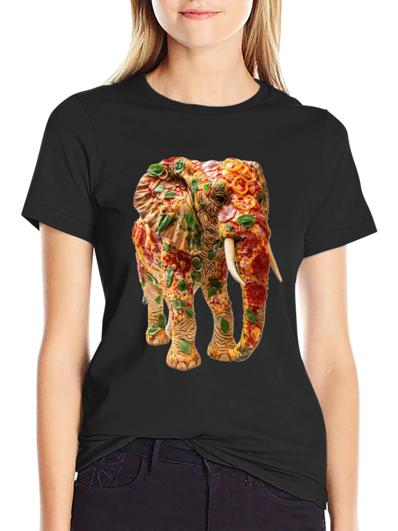 Black Pizza Elephant Graphic Tee - Unique Food Art Shirt view 2