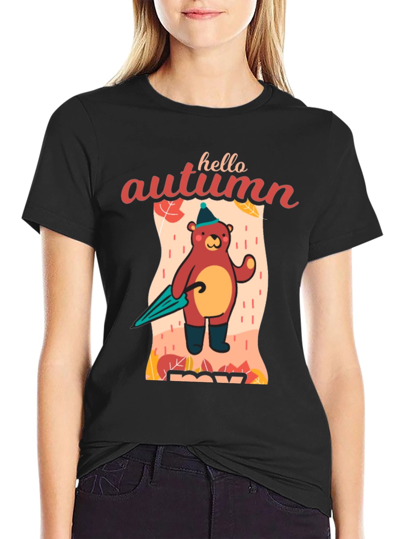 Black Hello Autumn Bear T-Shirt, Fall Season Apparel view 2