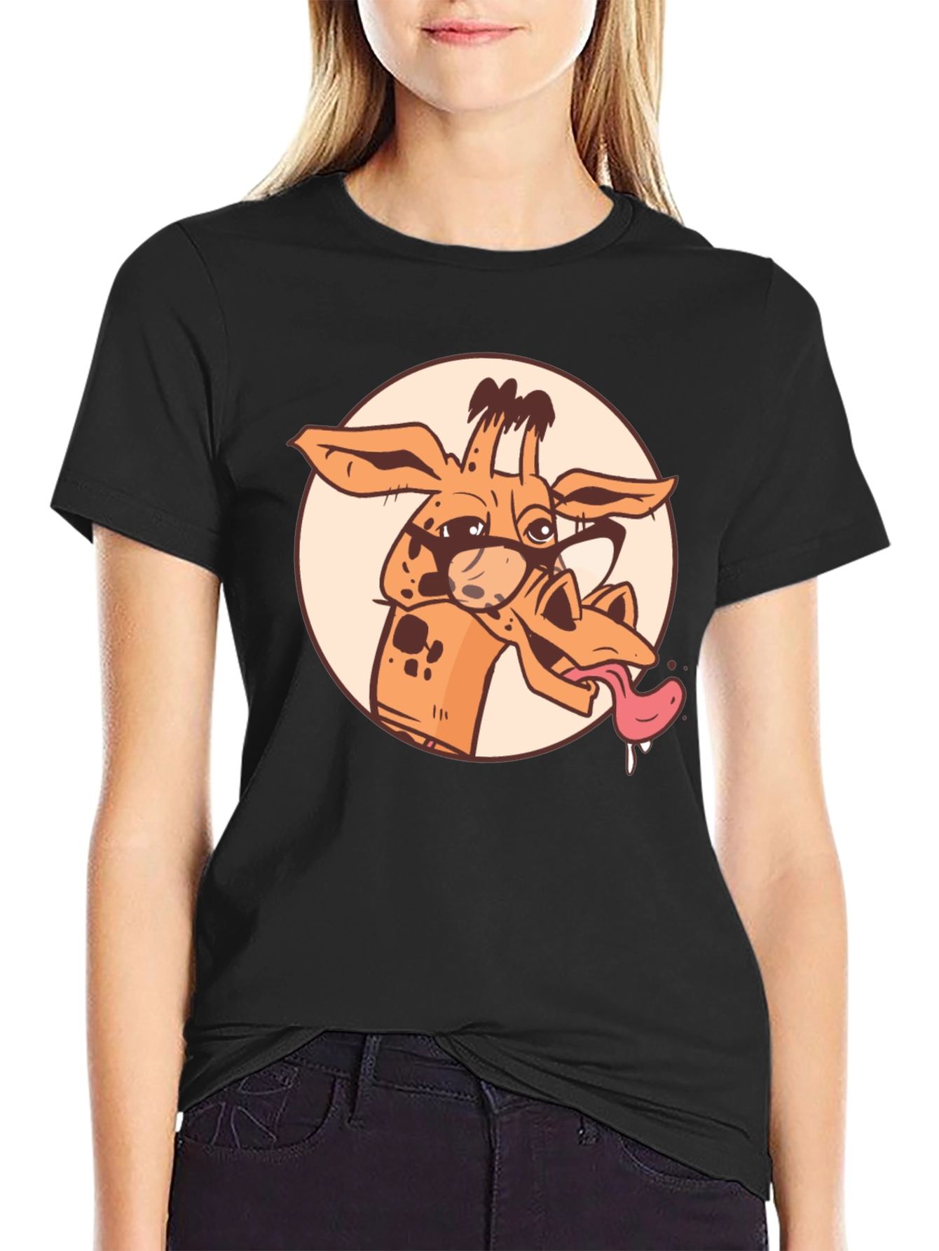 Black Giraffe Cartoon Graphic Tee - Black Cotton T-Shirt view 2