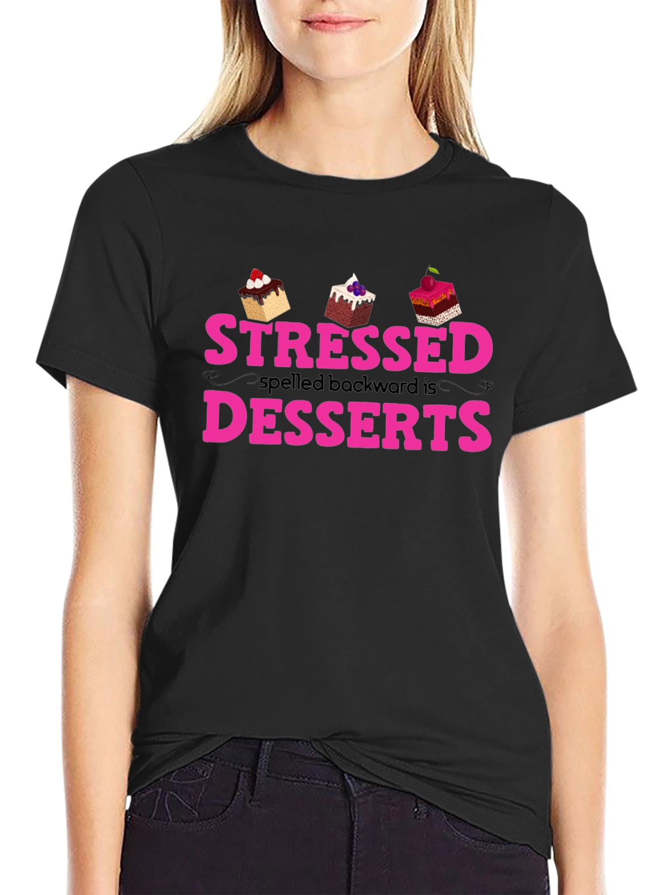 Black Stressed Spelled Backwards is Desserts T-Shirt view 2