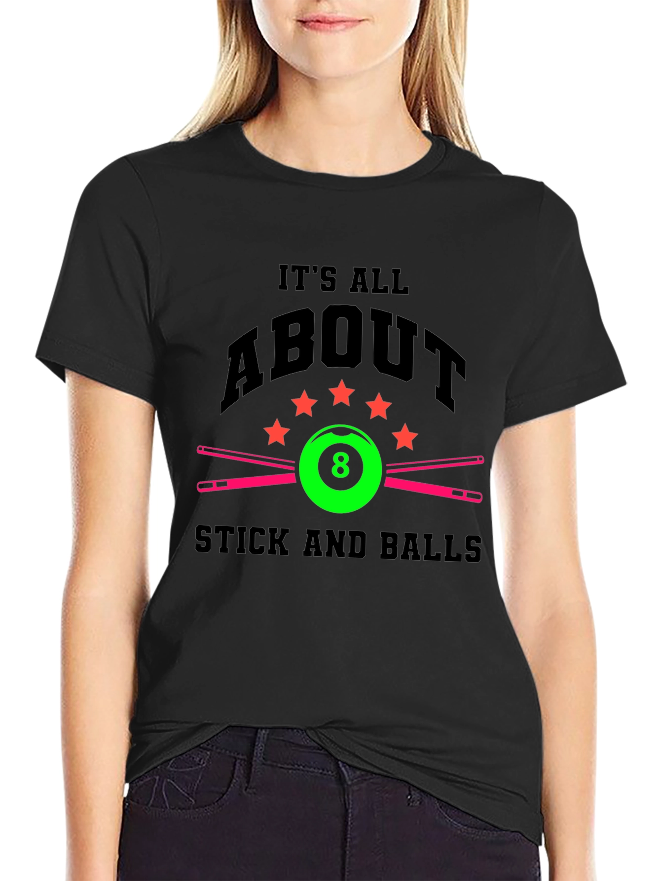 Black Pool 8 Ball T-Shirt - Stick and Balls view 2