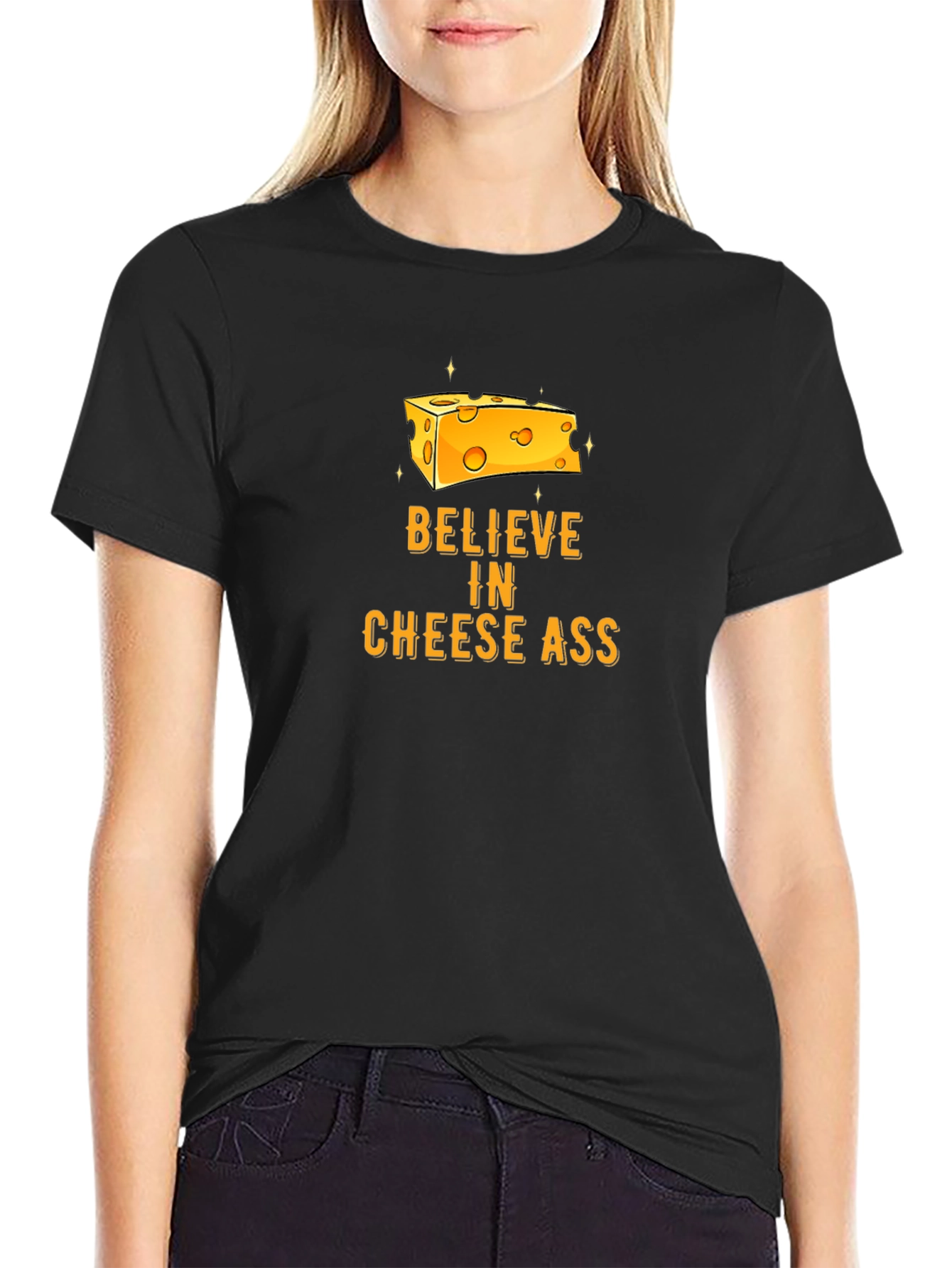 Black Believe in Cheese Ass T-Shirt Funny Graphic Tee view 2
