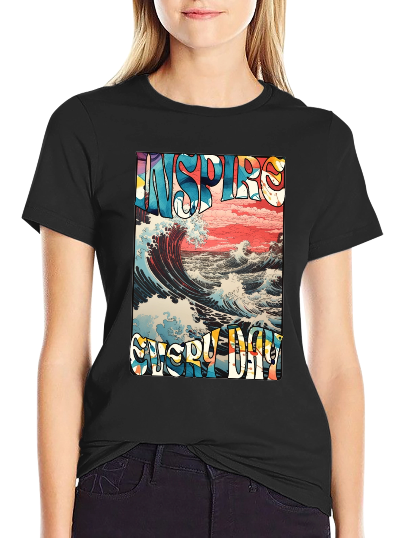 Black Inspire Every Day Graphic T-Shirt - Ocean Wave Design view 2