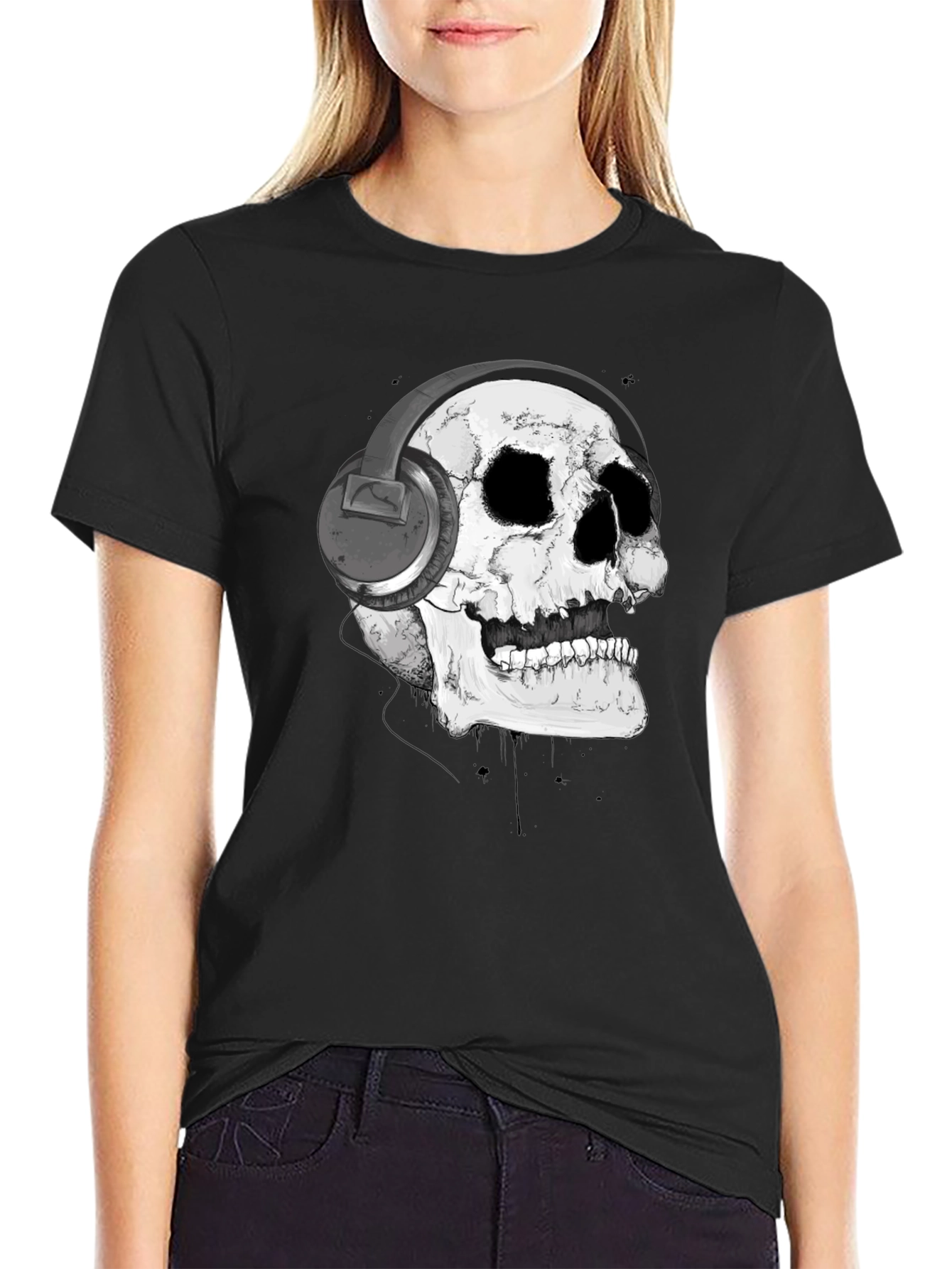 Black Skull with Headphones Graphic T-Shirt view 2
