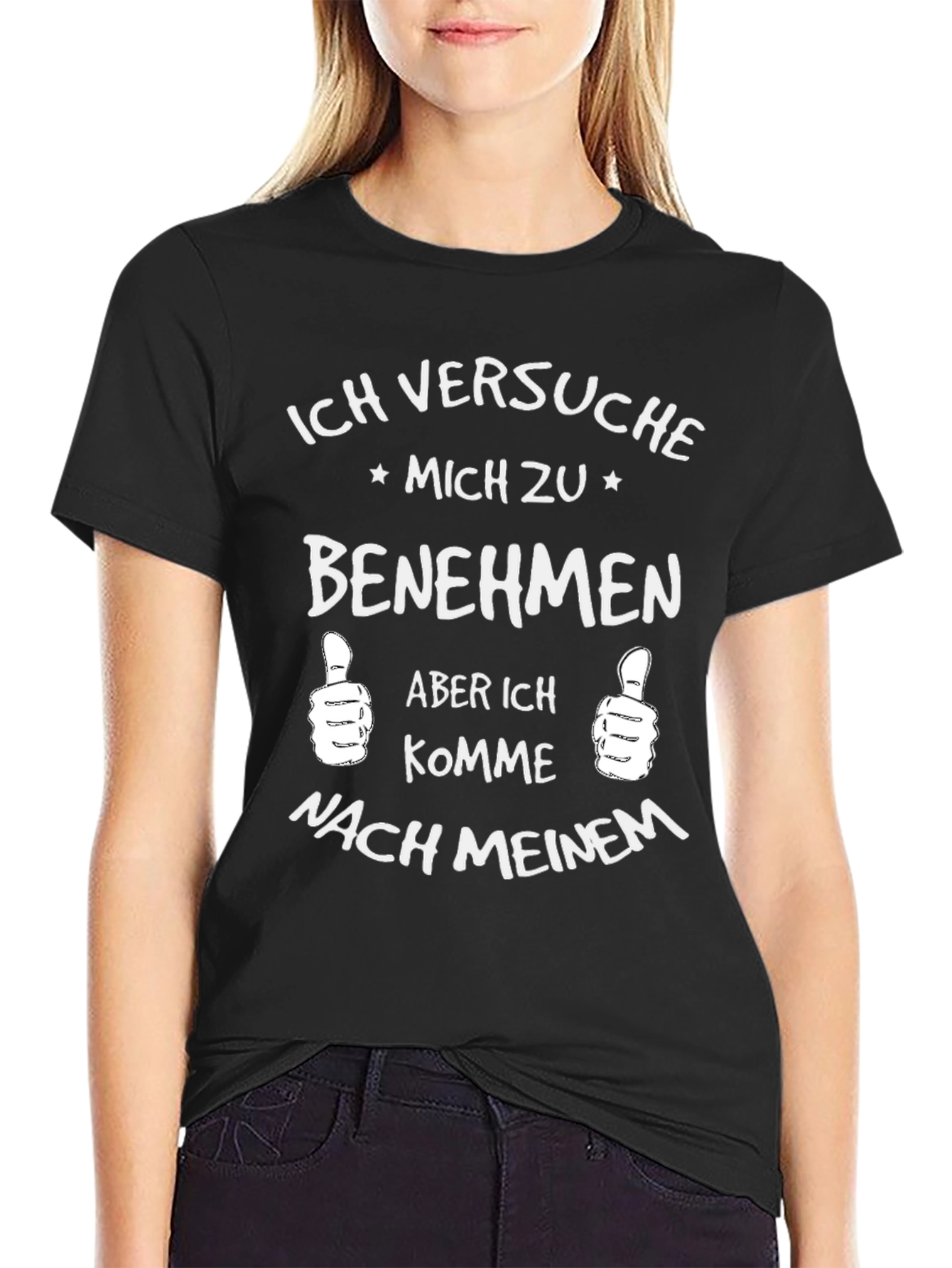 Black Humorous Men's Black T-Shirt - "Ich Versuche Mich Zu Benehmen" view 2