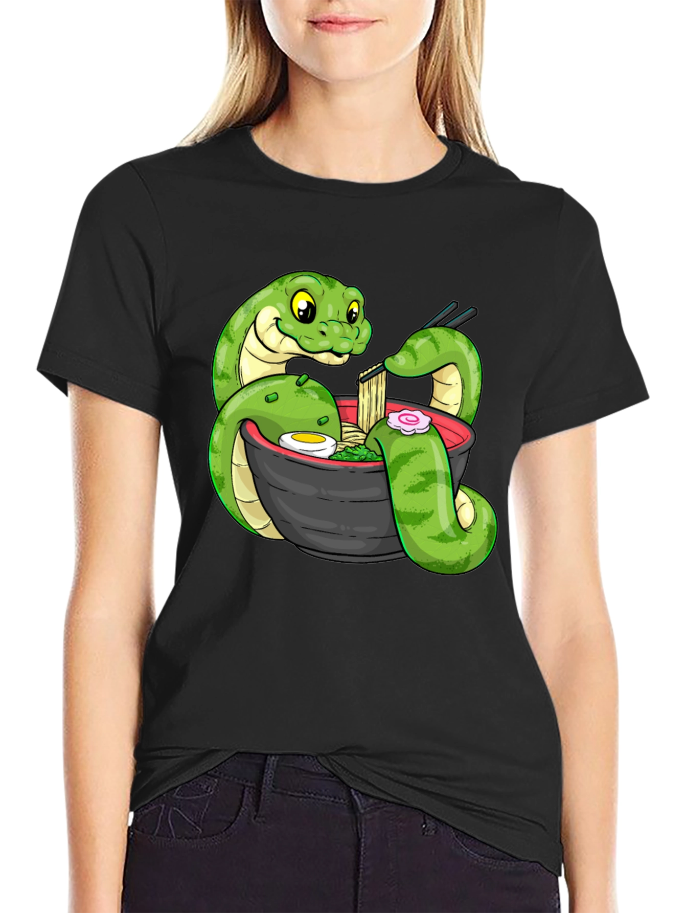Black Snake Ramen Graphic Tee - Unique Cartoon Design view 2