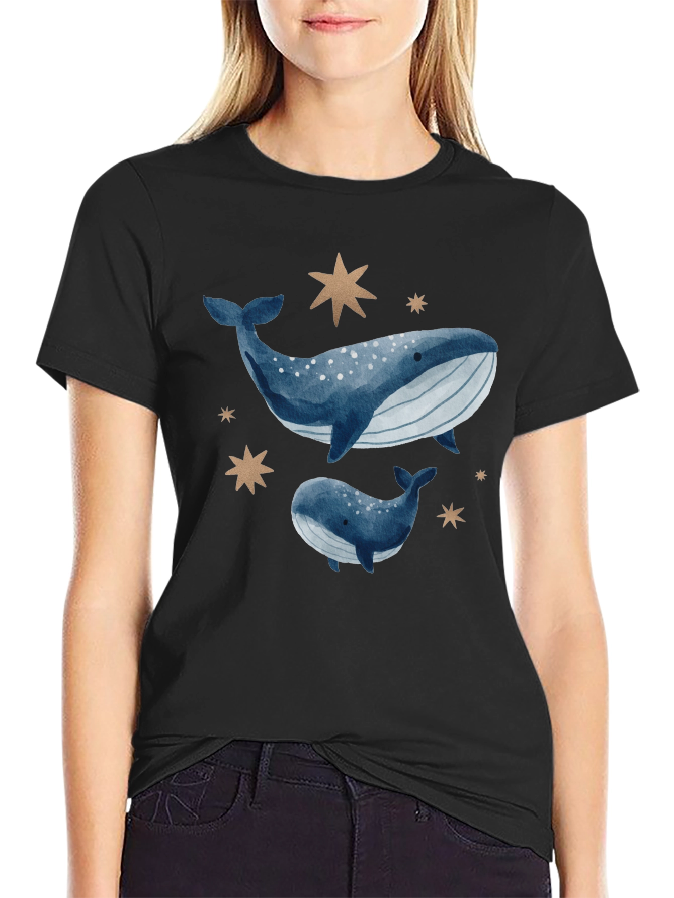 Black Whale & Star Graphic Tee - Black Cotton Comfort view 2