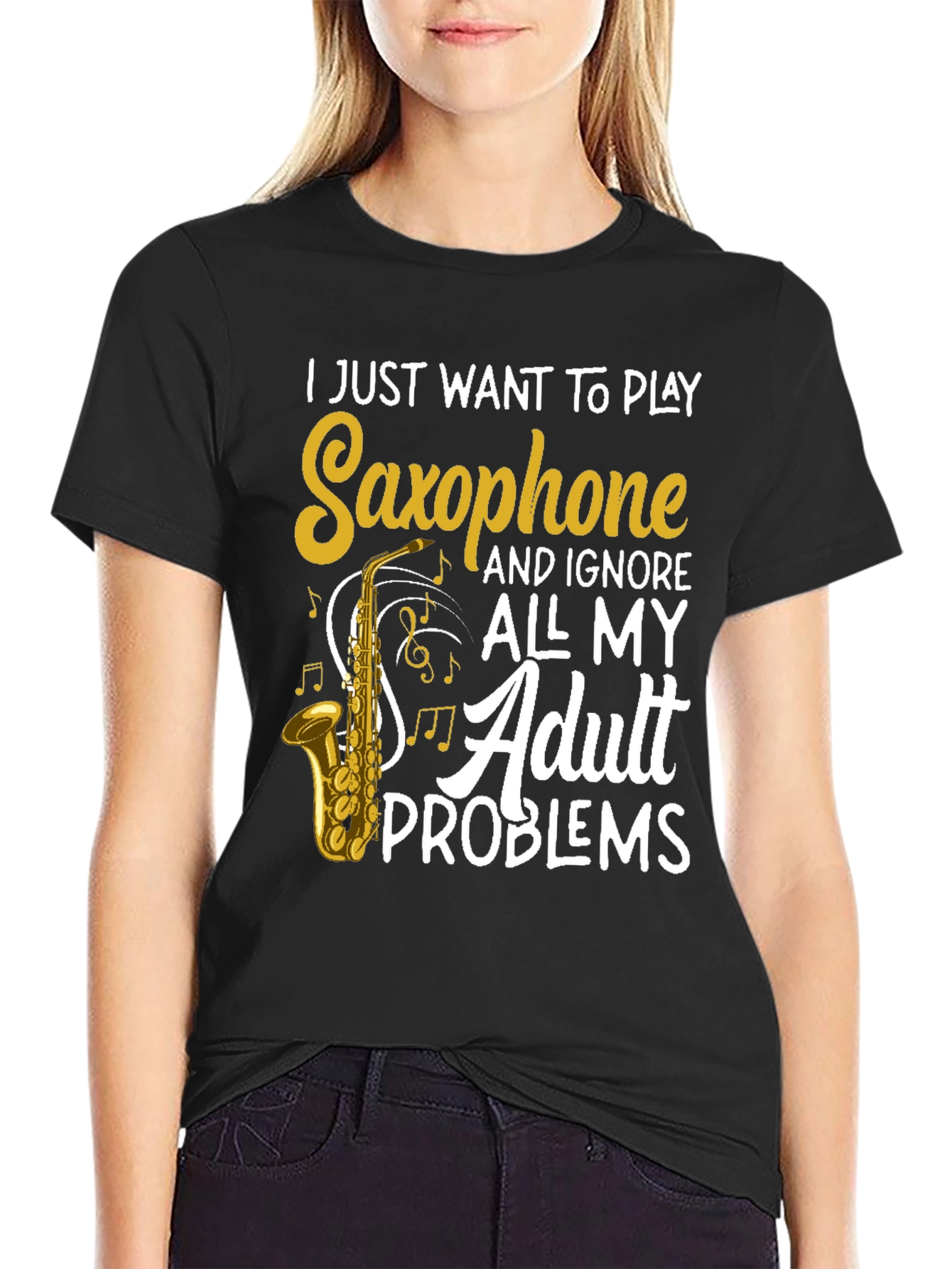 Black Saxophone Player T-Shirt - Adult Problems view 2