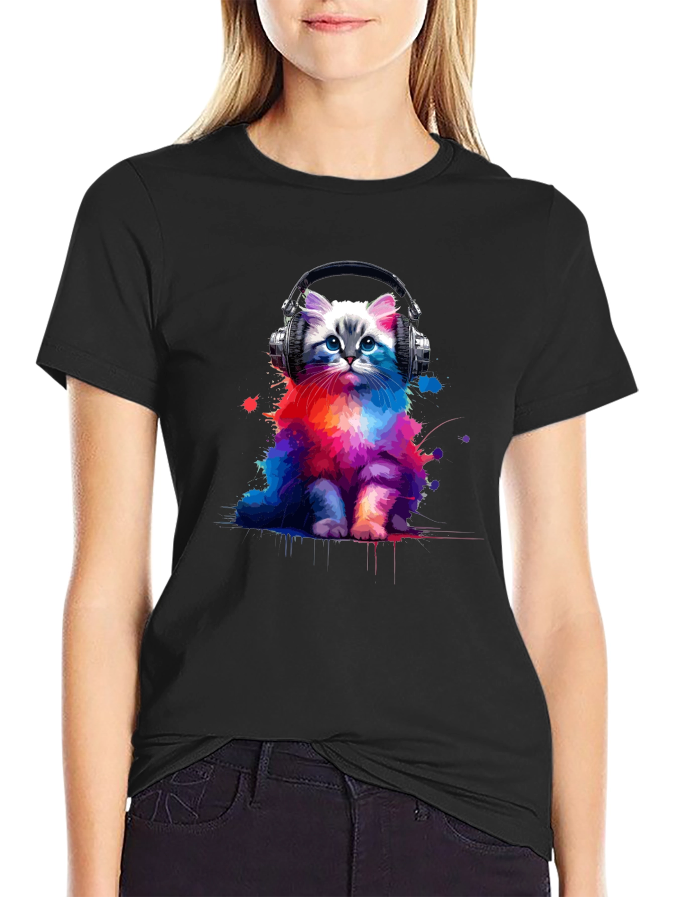 Black Colorful Cat Headphones Graphic Tee view 2