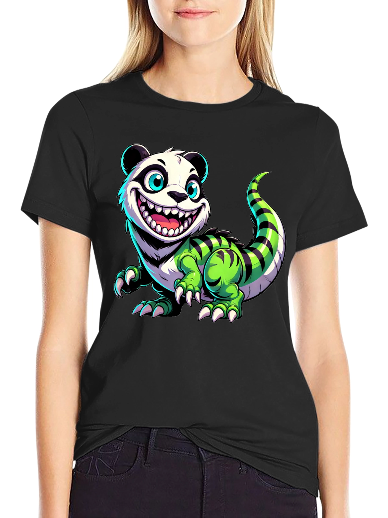 Black Cartoon Panda Lizard Graphic Tee - Unique & Fun Design! view 2