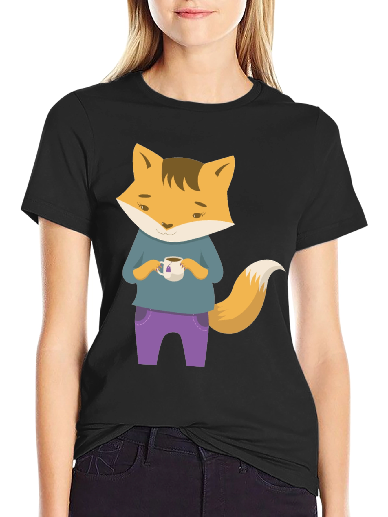 Black Fox Tea T-Shirt - Cute Cartoon Fox Design view 2