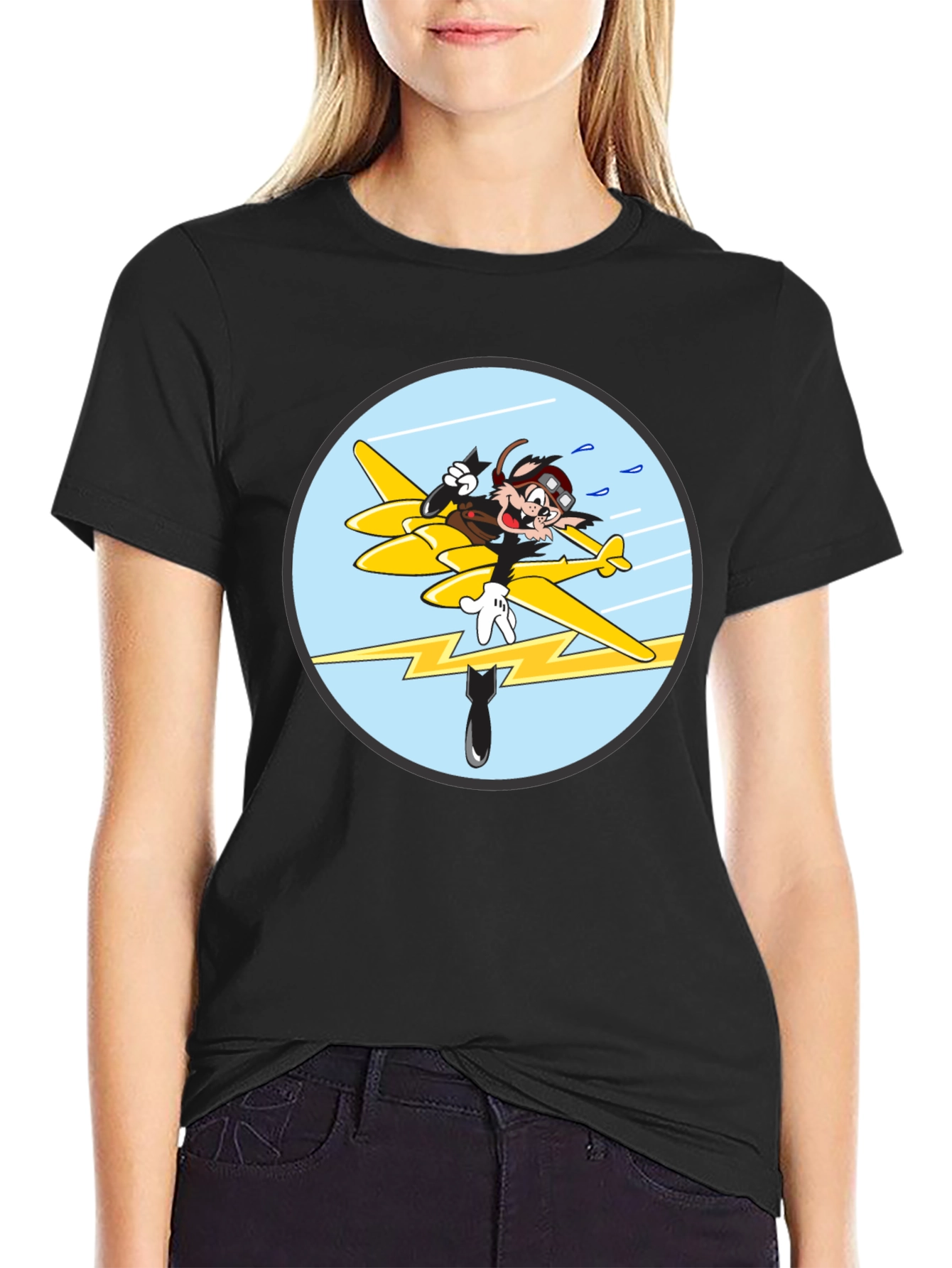Black Cartoon Aviator Tee - Black Cotton Blend view 2