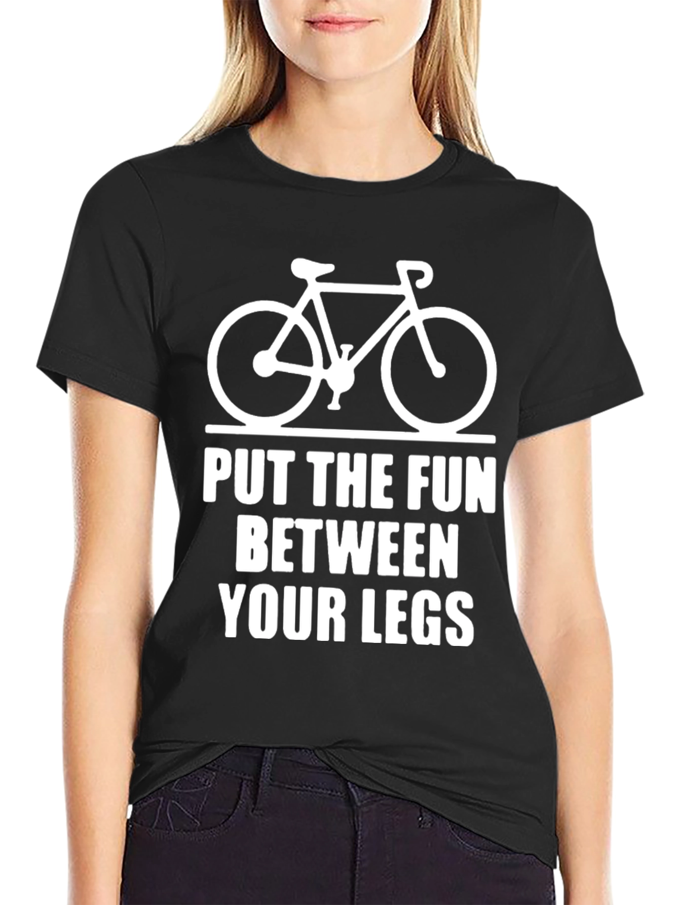 Black Funny Cycling T-Shirt: Put the Fun Between Your Legs view 2