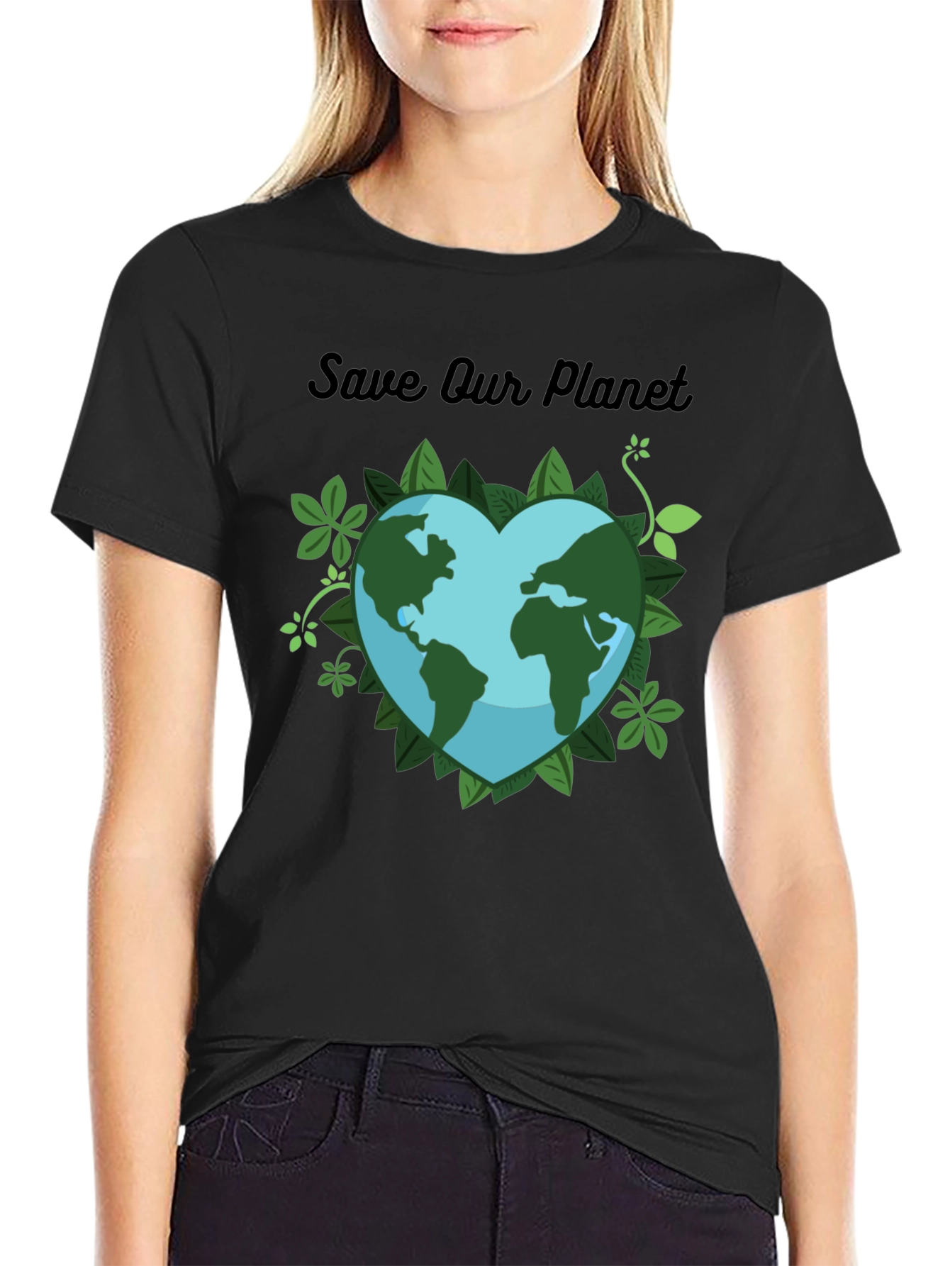 Black Save Our Planet T-Shirt - Earth Heart Design view 2