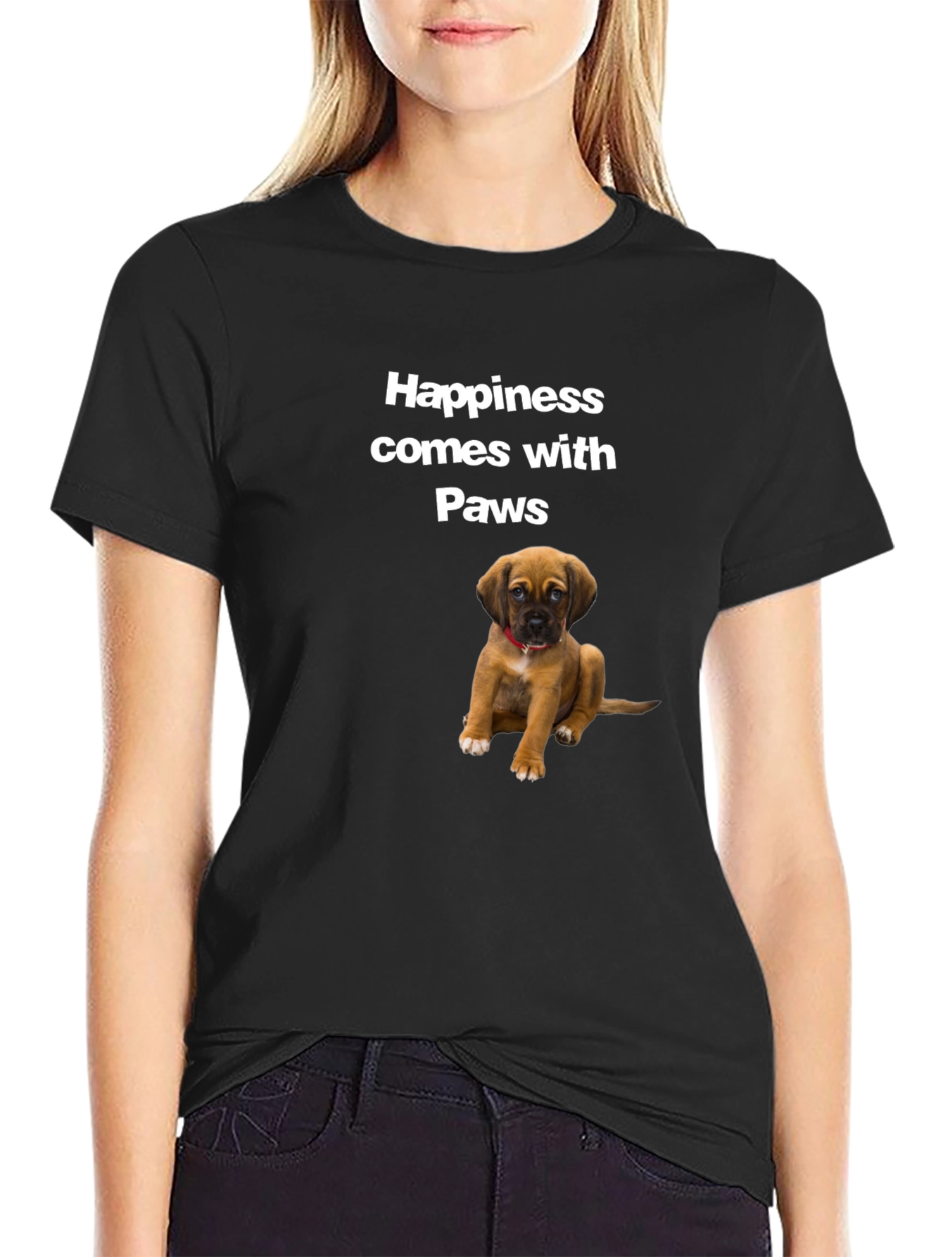 Black Happiness Comes with Paws Black T-Shirt view 2