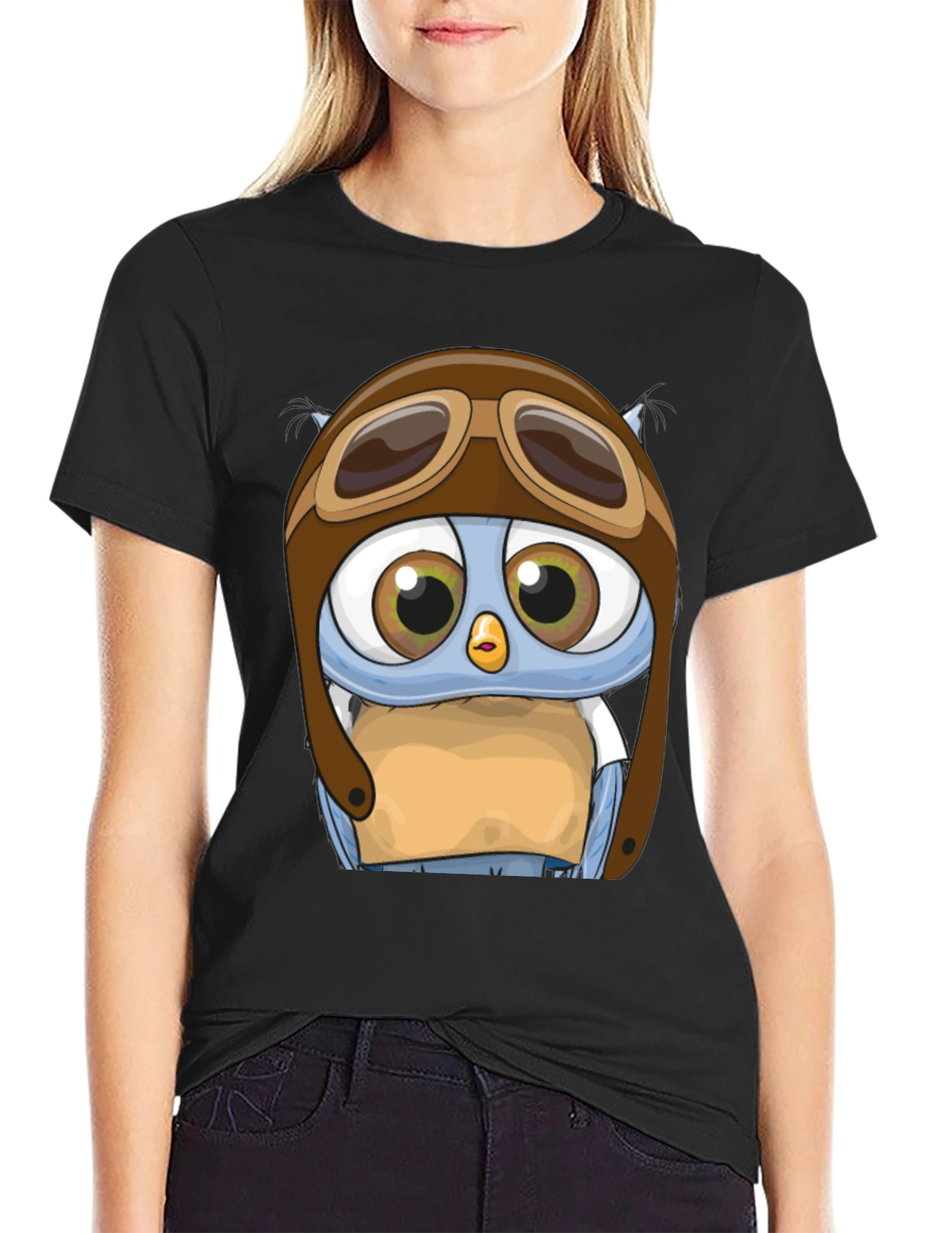 Black Pilot Owl T-Shirt - Cartoon Aviator Design view 2