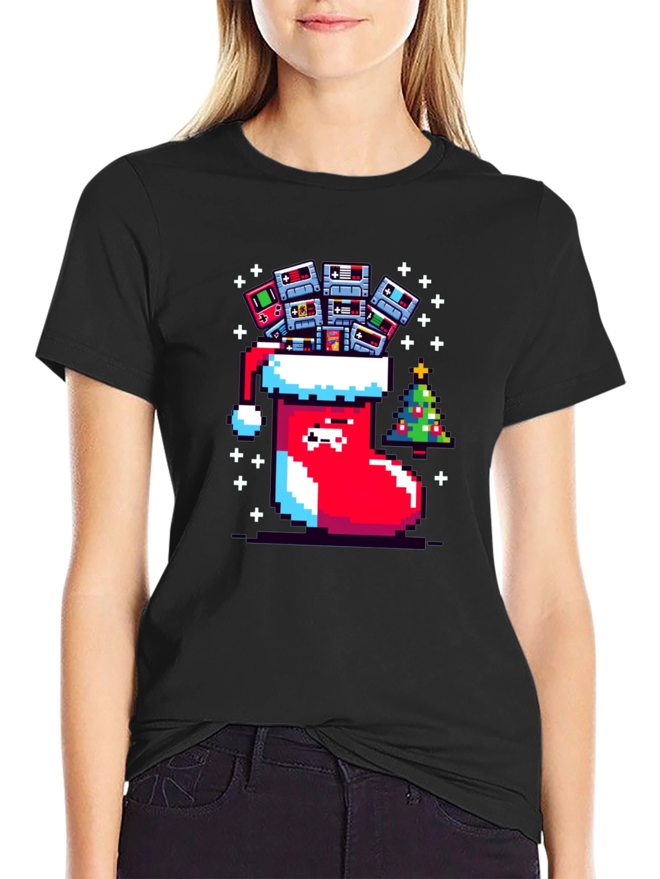Black Pixel Gamer Christmas Stocking Tee view 2
