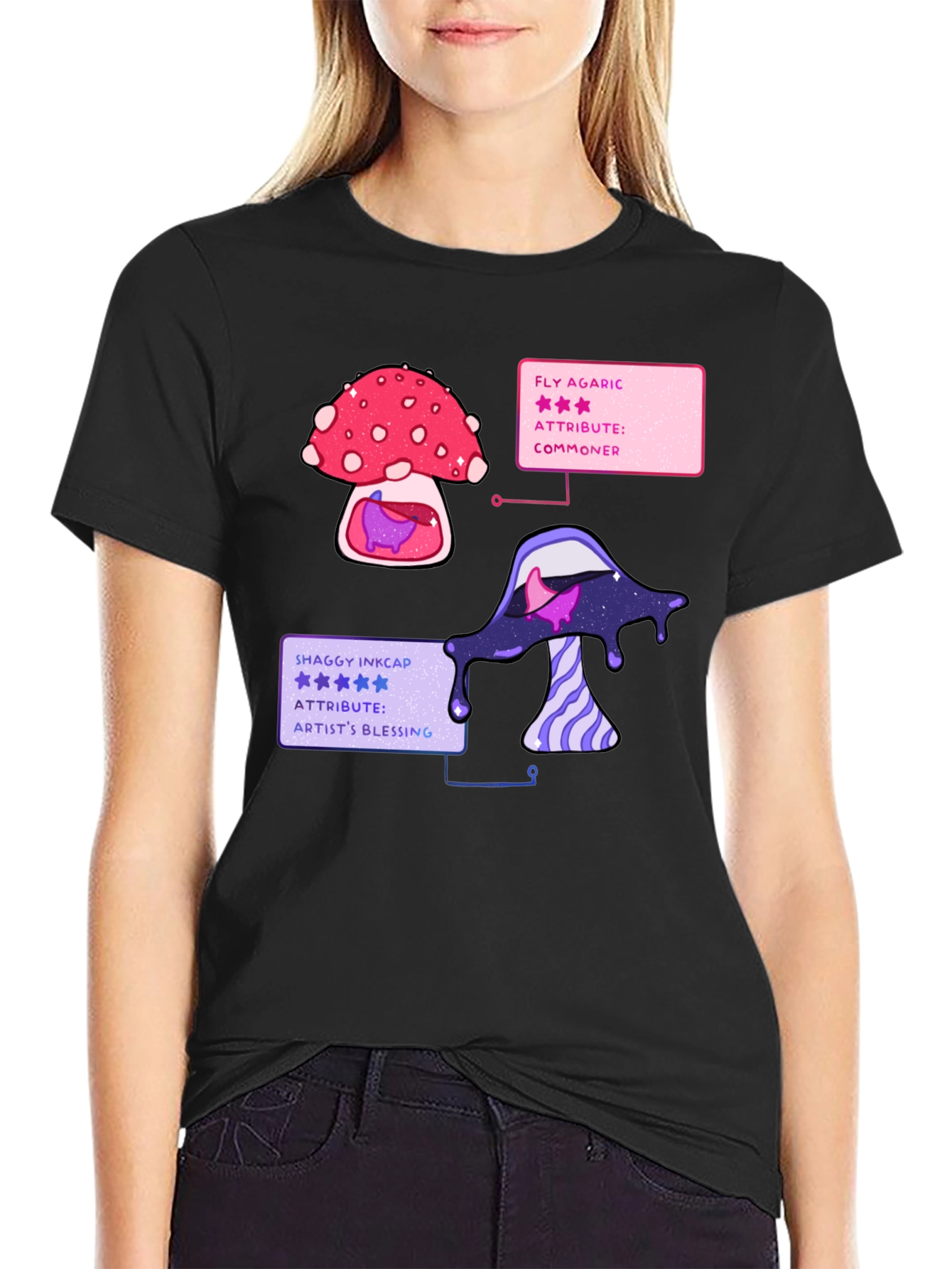 Black Mushroom T-Shirt - Fly Agaric & Shaggy Inkcap Design view 2