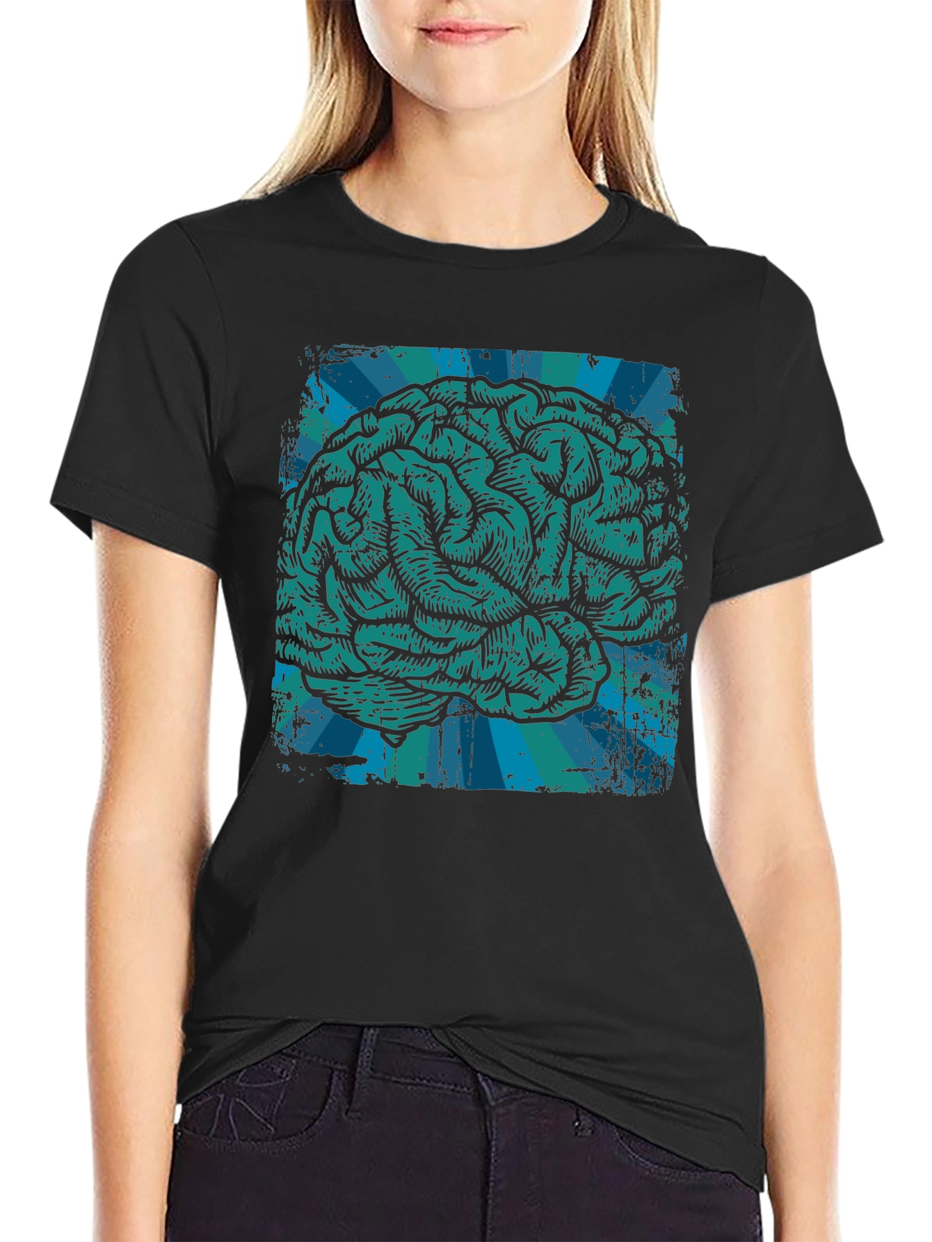 Black Brain Graphic T-Shirt - Teal Illustration on Black Cotton Tee view 2
