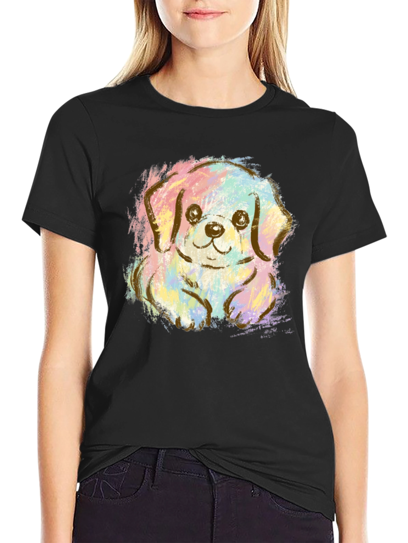 Black Cute Puppy Pastel Graphic T-Shirt - Unisex Crew Neck view 2