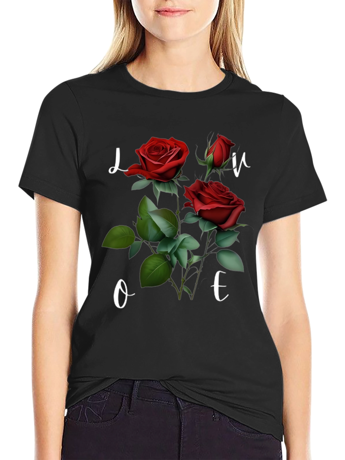 Black Floral Love T-Shirt - Romantic Red Roses view 2