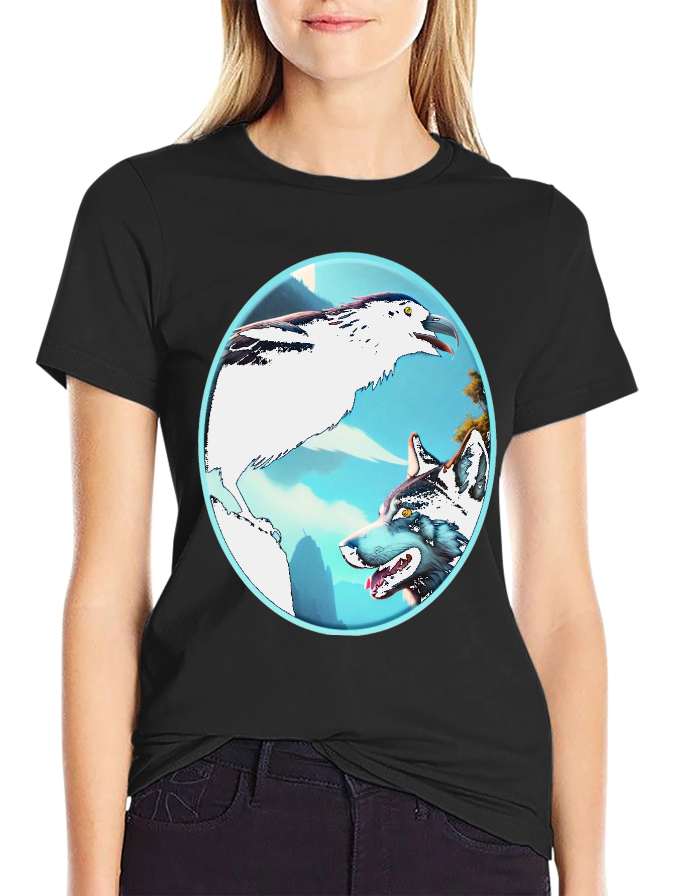 Black Wolf & Bird Graphic Tee view 2