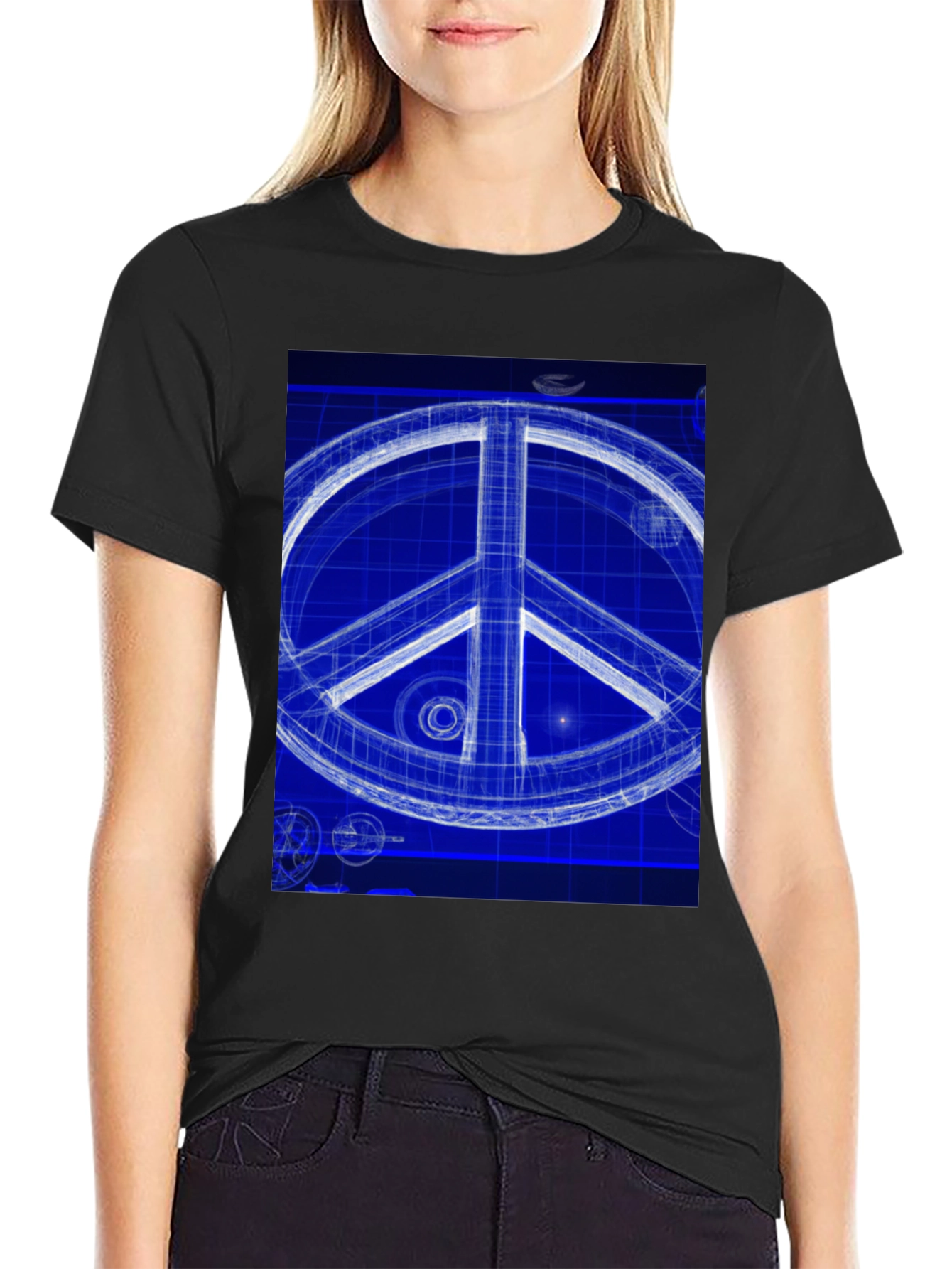 Black Blueprint Peace Sign Graphic T-Shirt view 2