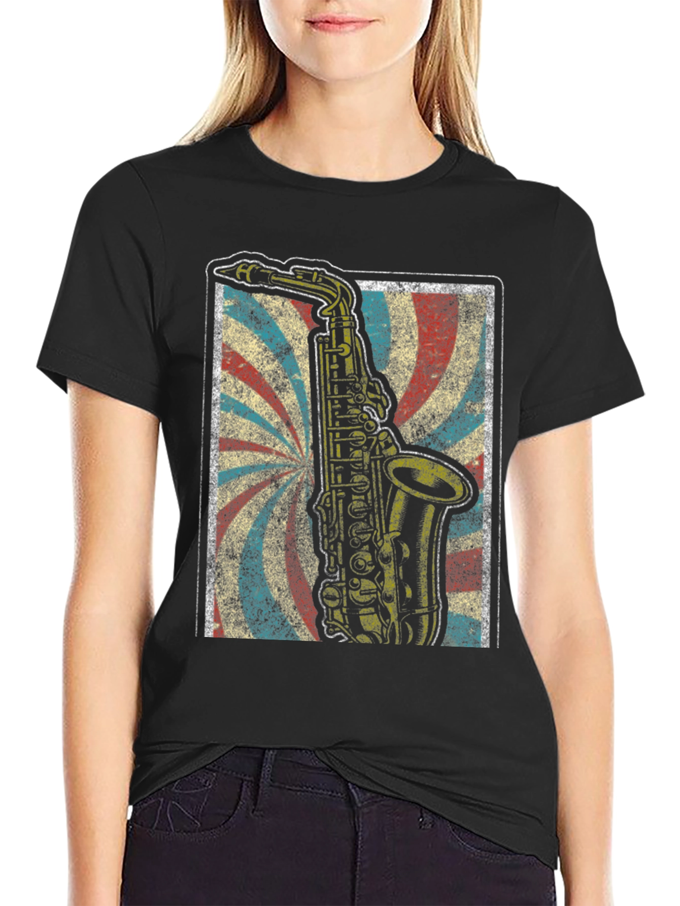 Black Retro Saxophone T-Shirt - Vintage Music Lover Tee view 2