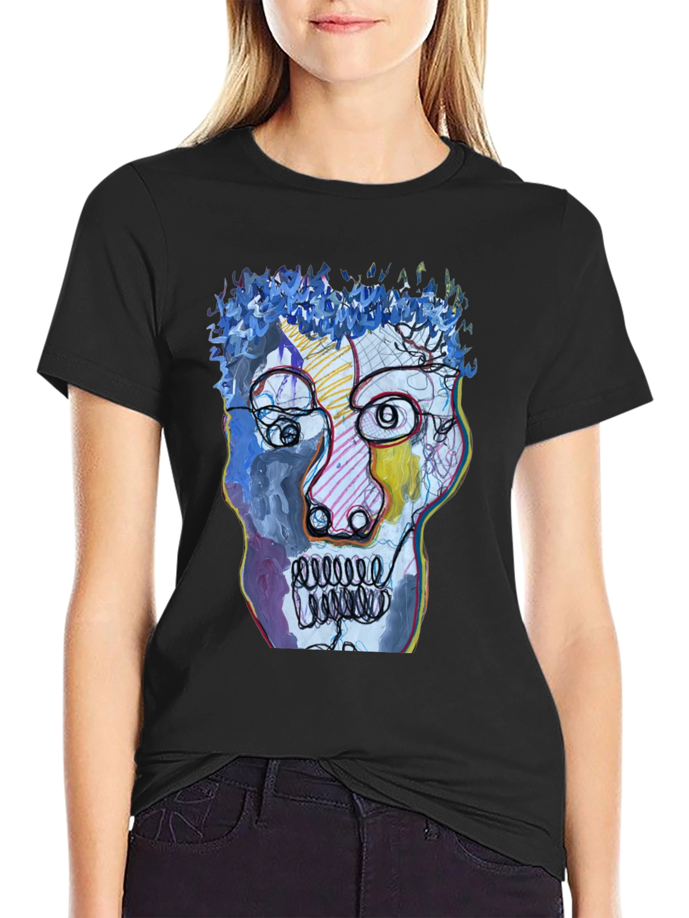 Black Abstract Art Face Graphic Tee - Black Cotton T-Shirt view 2